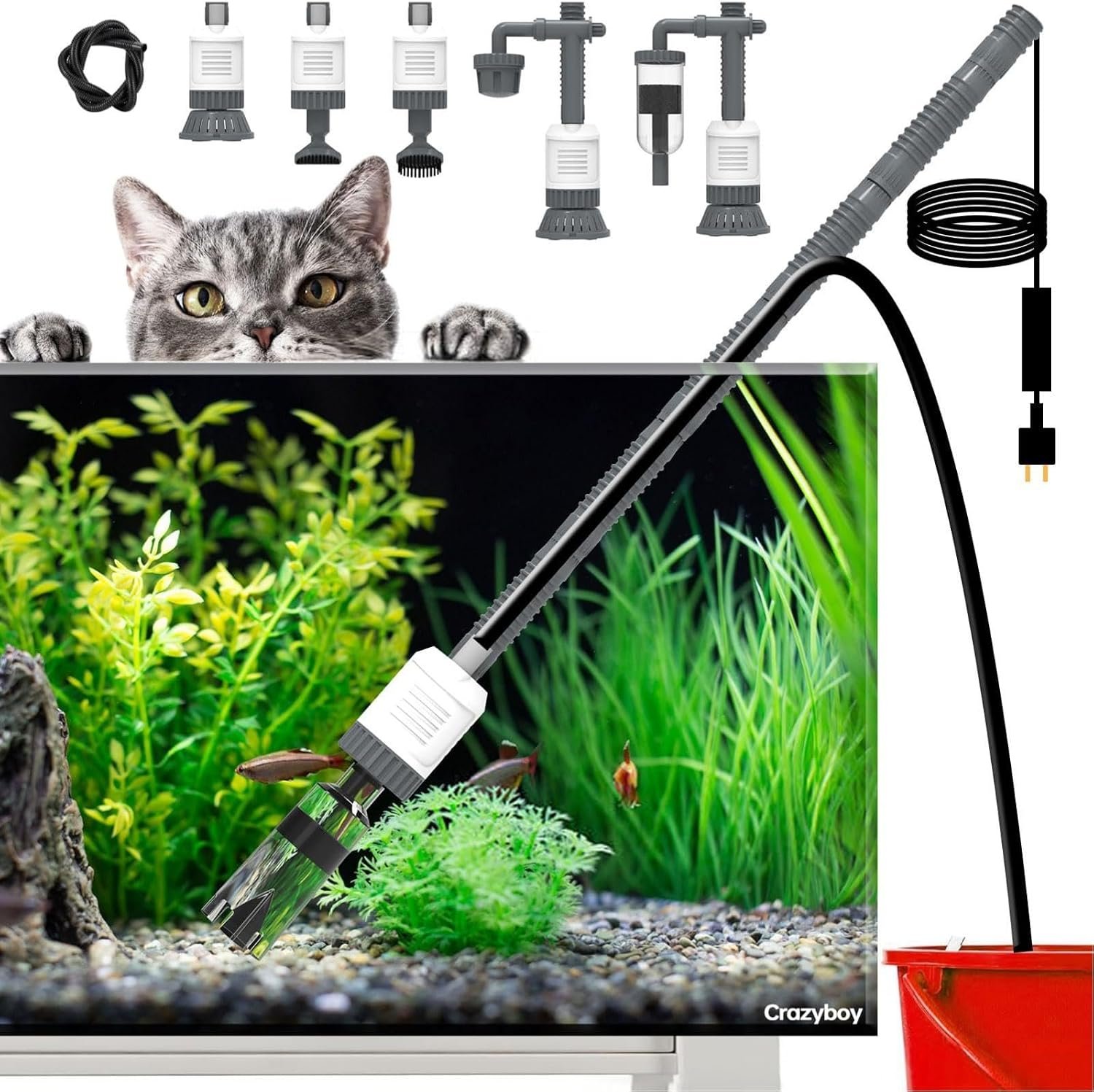 30W Electric Aquarium Gravel Cleaner, 6-in-1 Automatic Fish Tank Vacuum with Adjustable Suction Power, Removable Motor for Easy Maintenance, Efficient Water Changer & Substrate Scraper Kit (White)