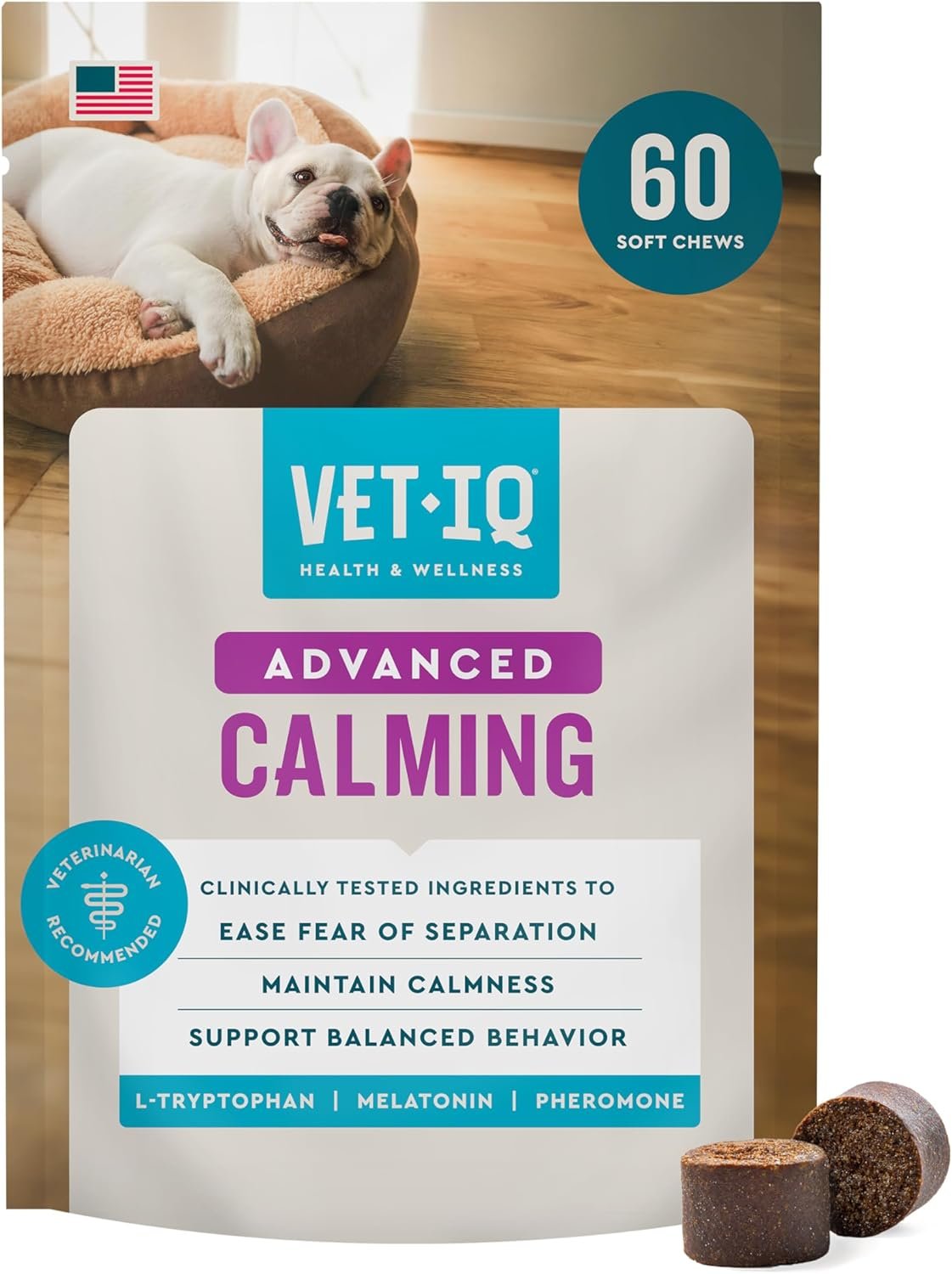 VetIQ Advanced Calming Support Chews for Dogs, Anxiety, 60ct | Treats anxiety & promotes relaxation; advanced calming formula; daily chew; made in USA; ideal for storms & travel