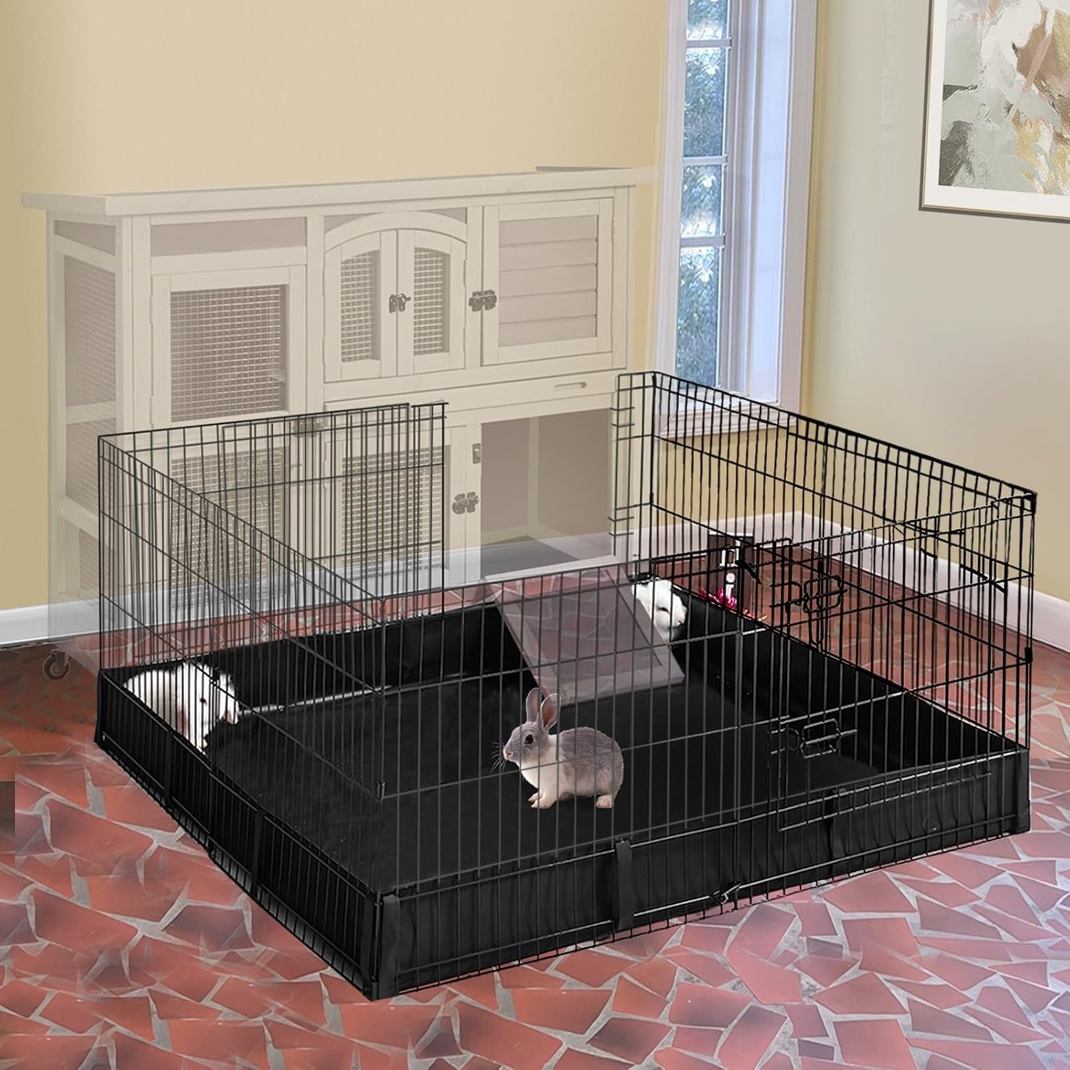 Rabbit Playpen，Small Animal Cage with Waterproof Mat, 48″ L*48″ W*24″ H Metal Hedgehog with Door, C&C Cage for Guinea Pigs, Bunny, Hedgehogs, Chinchillas(Playpen Only)