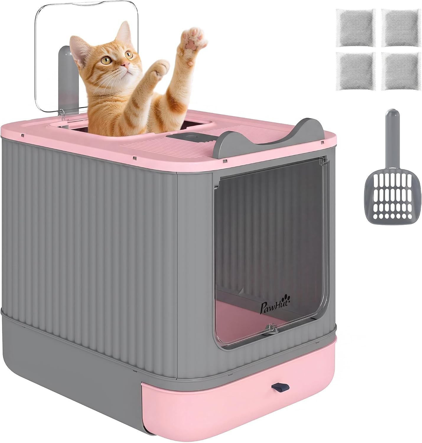 PawHut Cat Litter Box with Lid Enclosed Litter Box for Medium Cats Pink | Front Entry & Top Exit, Easy Clean Non-Sticky Design, Scoop and Deodorizer Bag, Anti-Leak