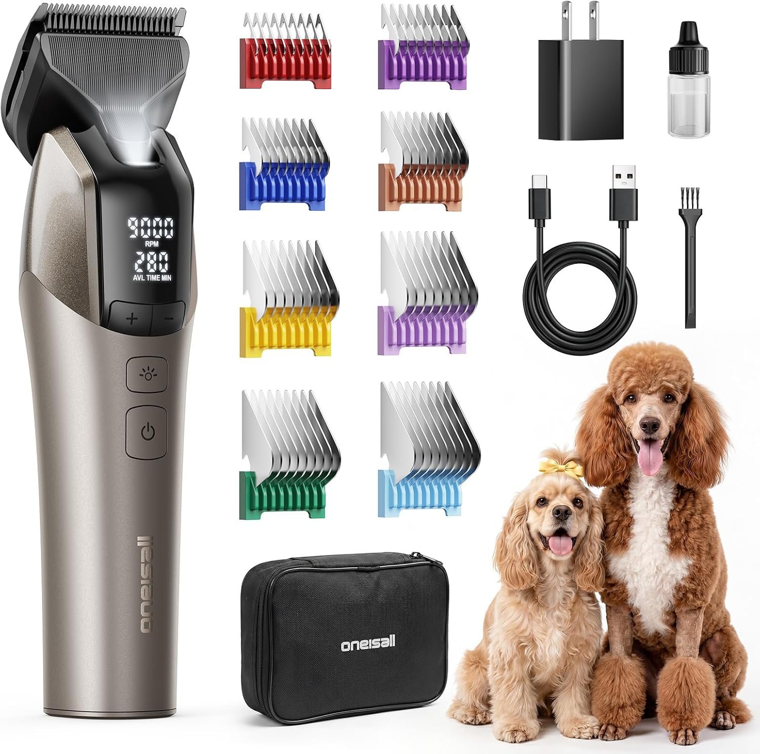oneisall Dog Clippers for Grooming Thick Hair, Professional 9000RPM 5 Speed with 5 in 1 DLC Blade, 280min Cordless, Low Noise Dog Grooming Kit with 8 Metal Combs Carring Case for Dogs Cats Pet | 280Min Cordless. Low Noise. 5 in 1 DLC Blade.8 Metal Combs with Carring Case.5-Speed for Thick Curly Matted Coats at Home