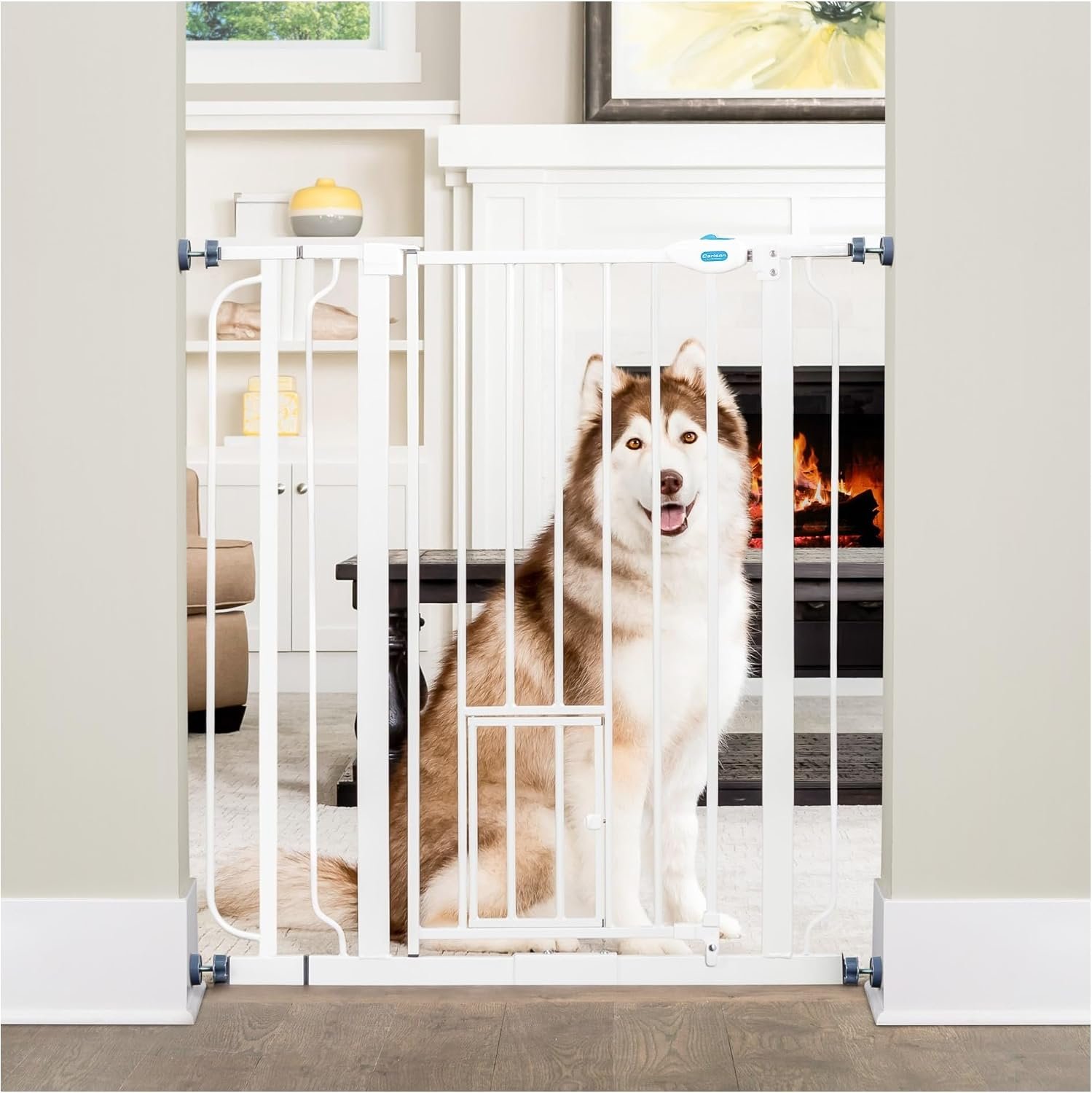 Carlson 36″ Extra Tall Walk Through Dog Gate for Doorways & Bottom of Stairs, Metal Pet Gate with Small Pet Door, Expands 29.5”–36.5”, White