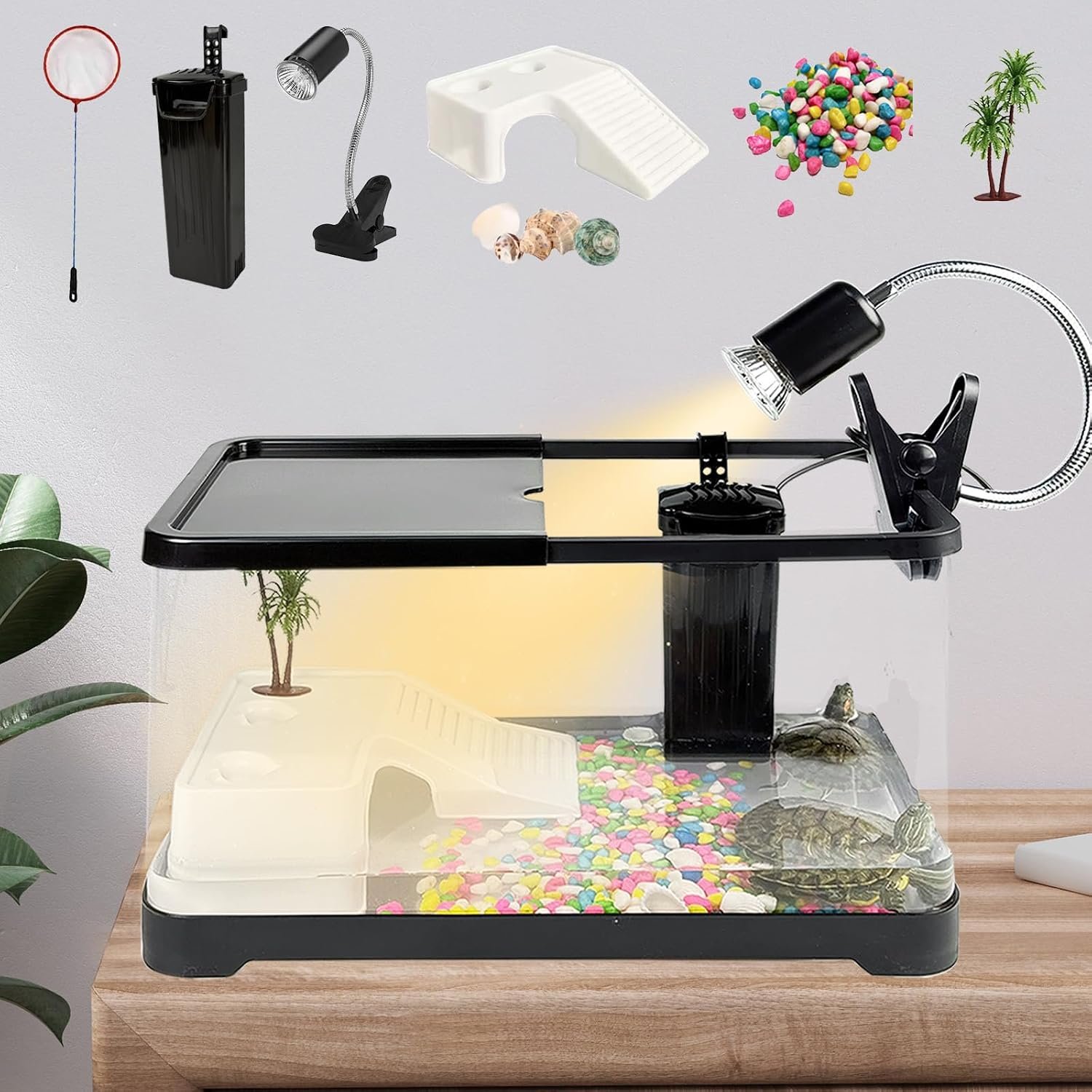 Turtle Tank Starter Kit, Upgraded Aquarium Fish Tank Kit with Filter,Fish Net, Reptile Habitat with Adjustable UV Lamp & Lid,Bask Platform for Crabs,Amphibians,Reptiles.(15.4″ * 8.5″ * 8.35″)