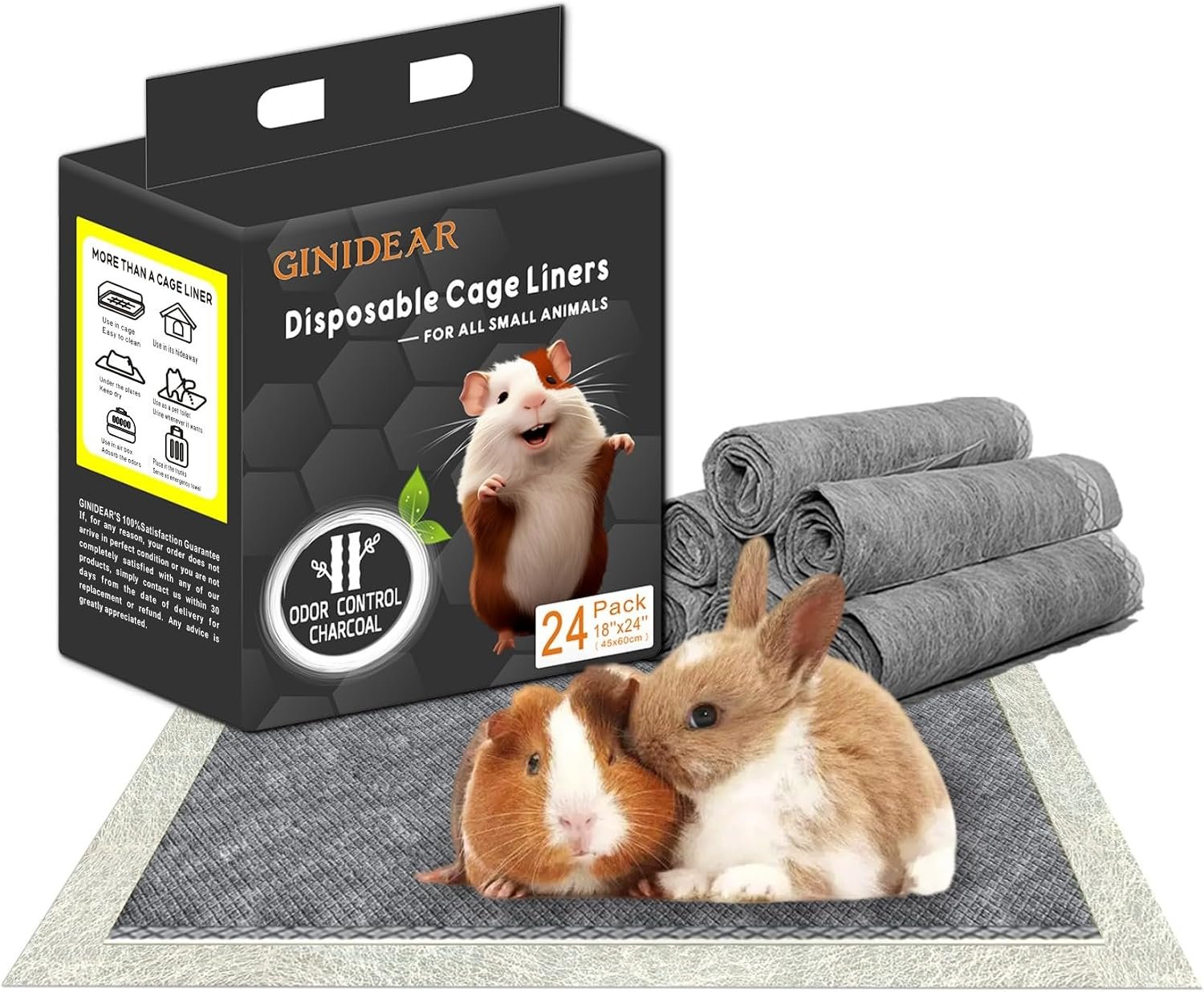 Disposable Guinea Pig Bedding, Cage Liners, Absorbent & Waterproof | Charcoal Odor Control Material, Ideal Pee Pads for Guinea Pigs, Rabbits, Hamsters & Other Small Pets, 18″x24″, 24 Count