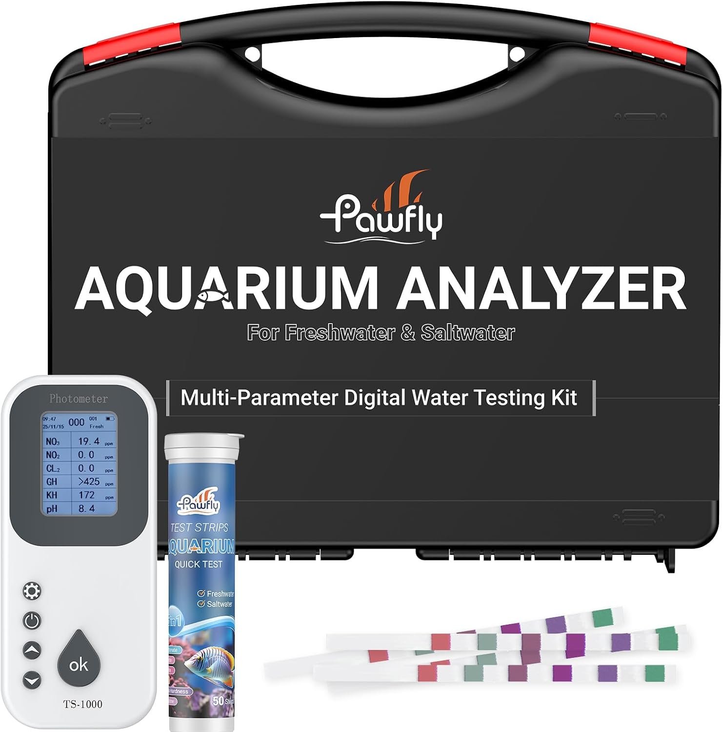 Pawfly 6 in 1 Digital Water Testing Kit, 50 Strips Aquarium Water Test Kit | Fish Tank Water Testing Kit, Digital Water Tester for pH, Nitrate, Nitrite, Chlorine, Total Hardness & Carbonate