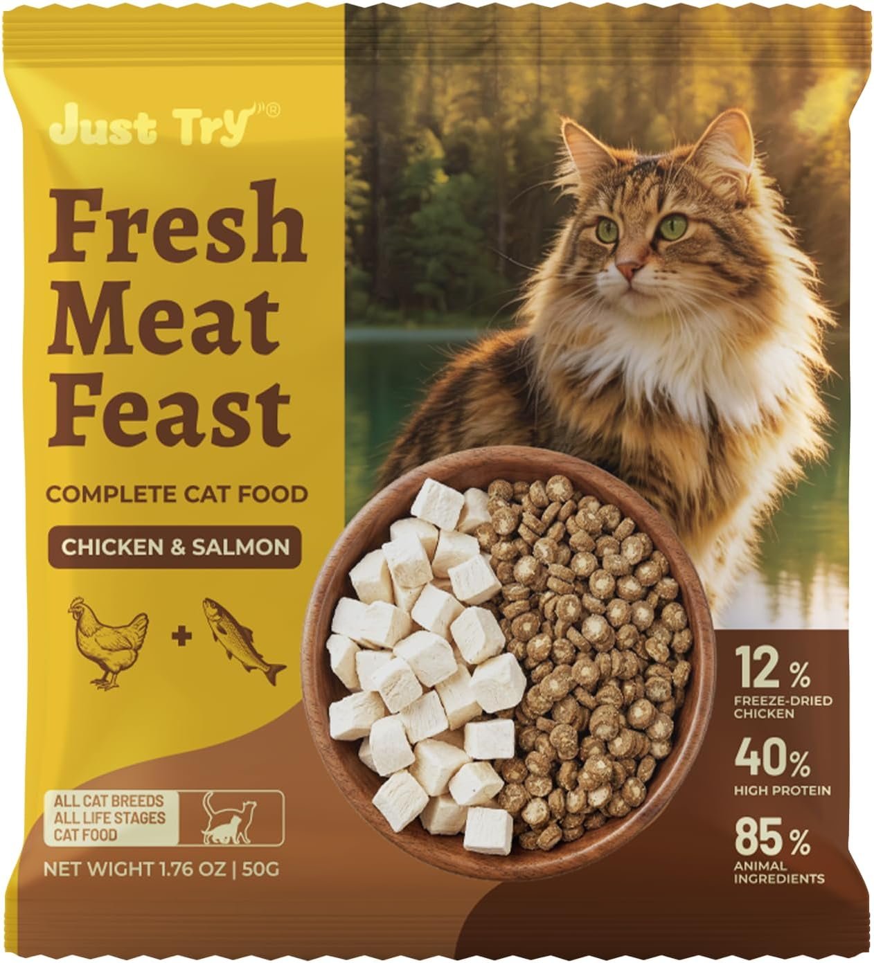 Just Try Freeze Dried Chicken Cat Food with Cat Grass & Taurine, 50g | Contains 40% Protein, Rich in Salmon & Chicken, With Chicken Liver& Heart. Helps Maintain Cat Health & Vitality, Grain Free.