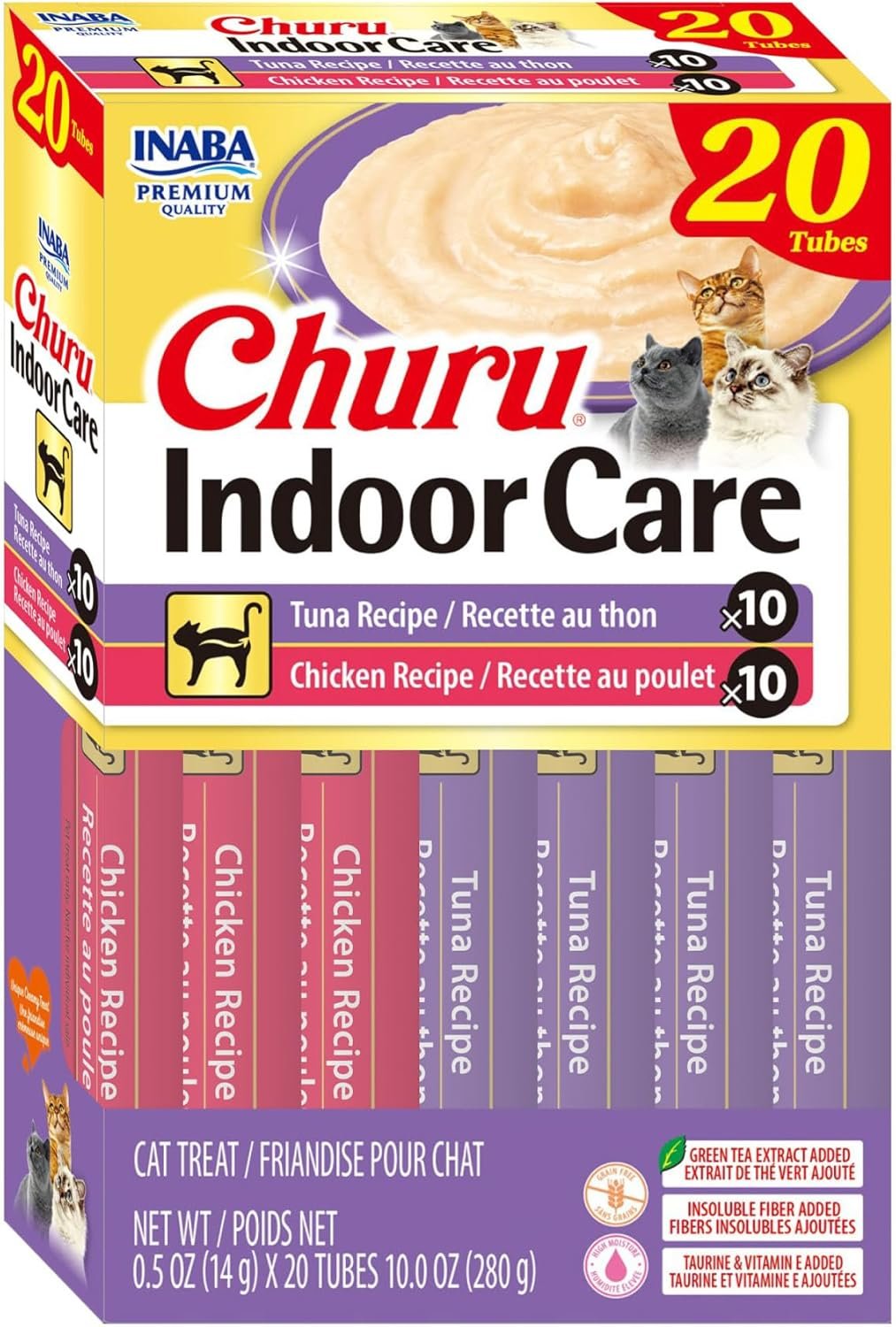 INABA Churu Indoor Care for Hairball Control, Functional Lickable Cat Treat with Taurine & Green Tea Extract, 0.5oz Each, 20 Tubes Total, Tuna & Chicken Variety