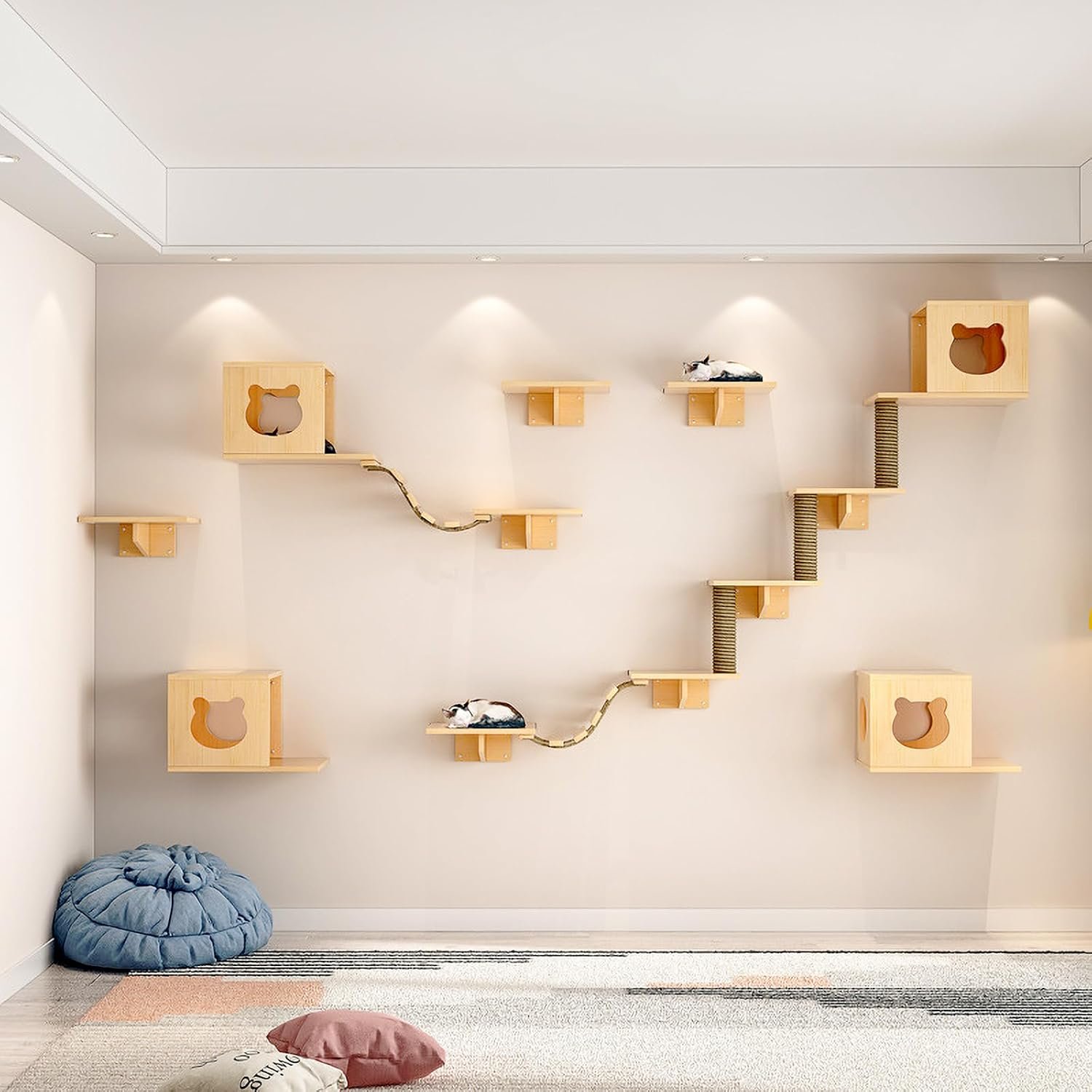 Cat Wall Shelves and Perches, Solid Wood Wall Mounted Cat Furniture with 4 Cat Condos House, 8 Shelves, 2Ladder, 3 Sisal Cat Scratching Post (C)