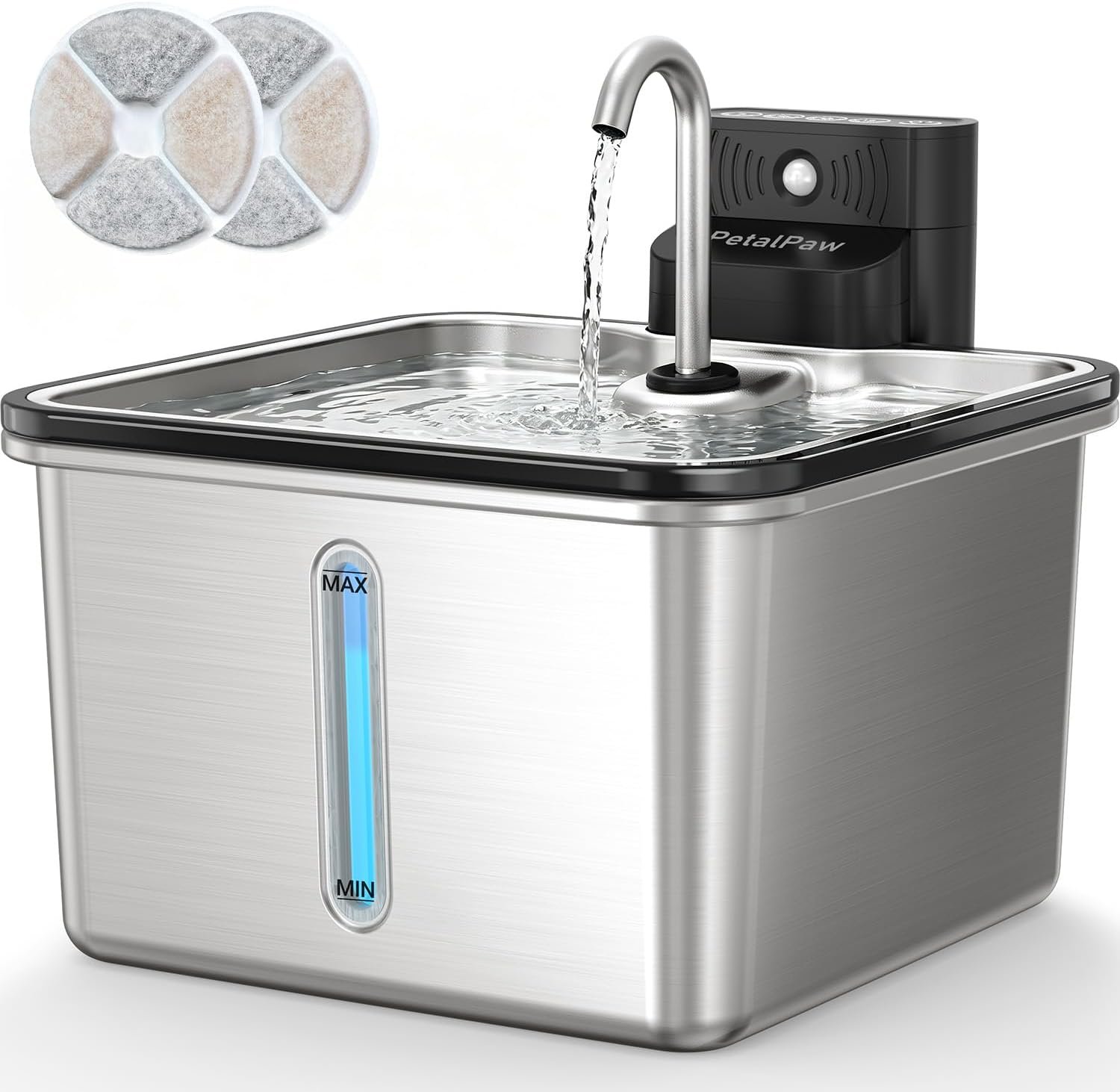 Wireless Cat Water Fountain, Water & Battery Separation, Faucet Design | PETALPAW Cat Fountain Stainless Steel, 4000mAh, 3.5L Cordless Pet Water Dispenser for Indoor Cats & Small Dogs, Silver