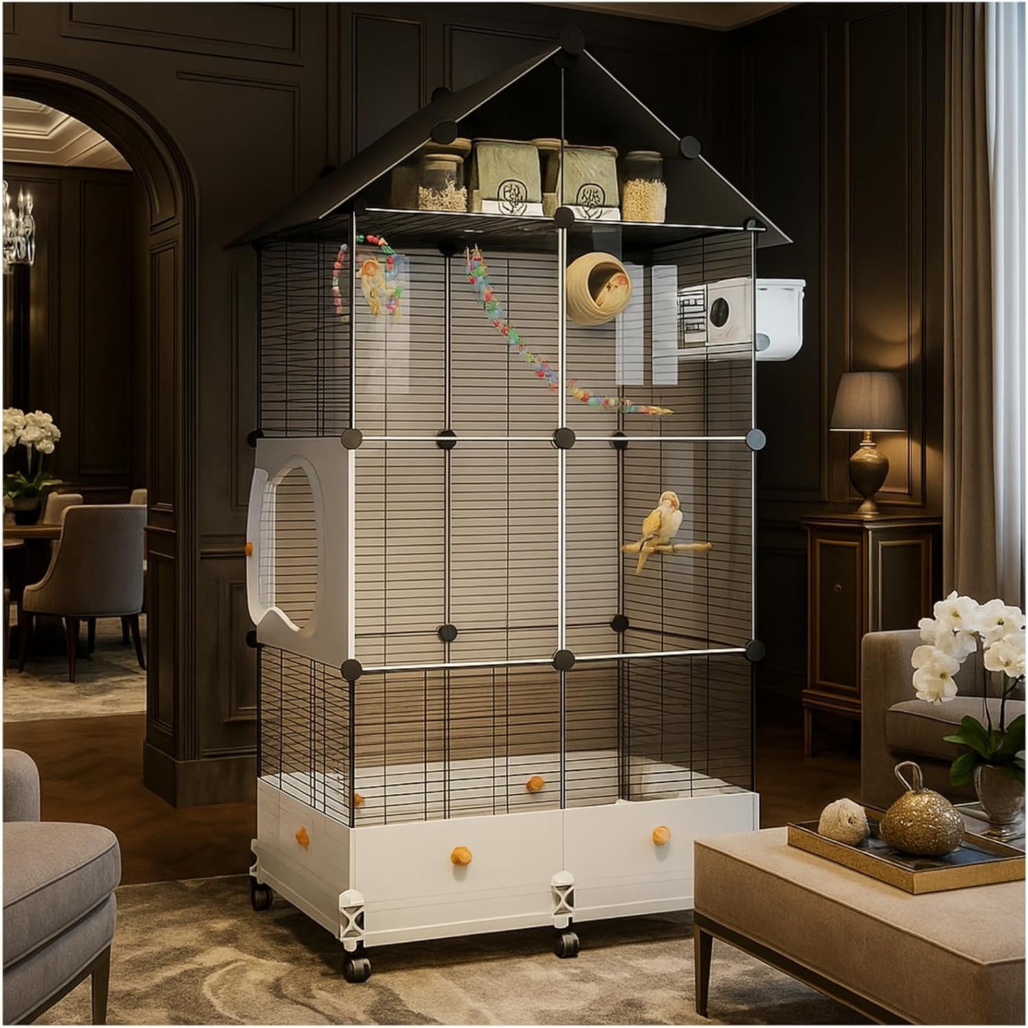 60in Large Flight Bird cage, Equipped with Bird’s Nest，Ladder, Swing, Feeder, etc. with Wheels for Easy Outdoor Movement, Suitable for Parrots, Pigeons (Black, 28.4″ L x 14.2″ W x 60.2″ H)