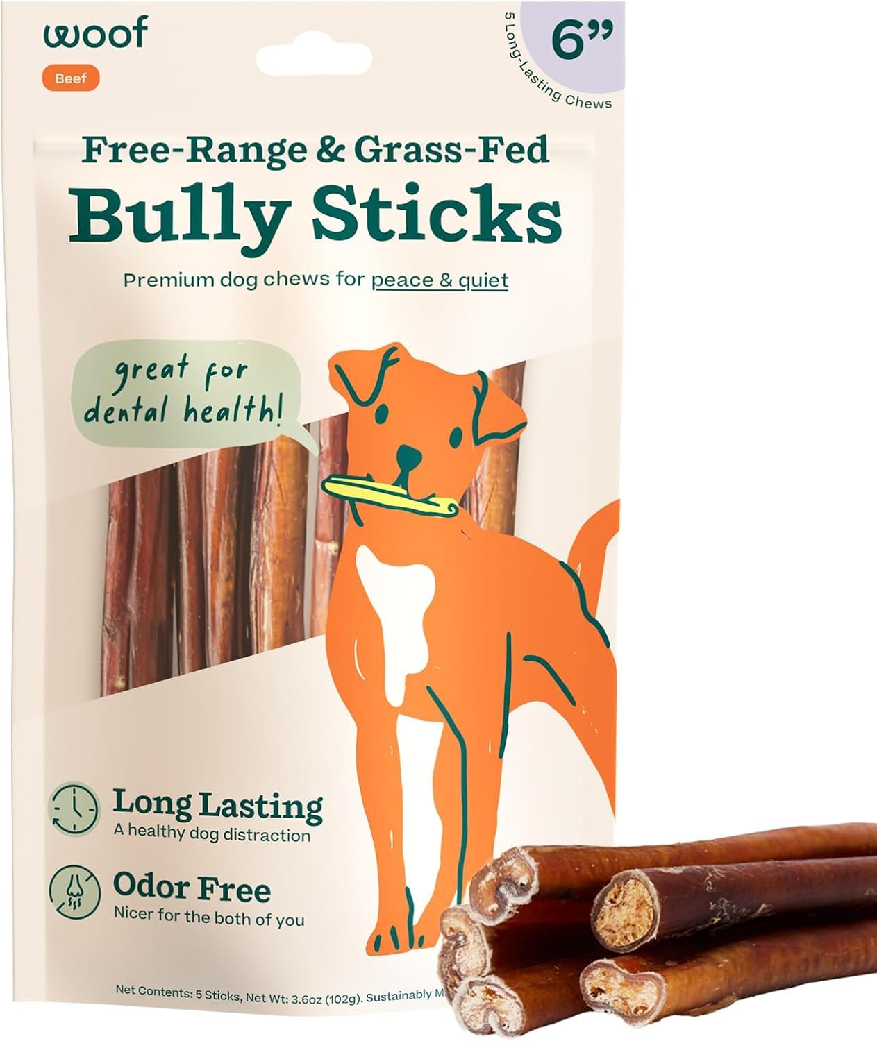 WOOF Bully Sticks Dog Chew Treats, 6 Inch, 5 Count | Free-range grass-fed beef, long-lasting chews, high protein, odor controlled, supports dental care