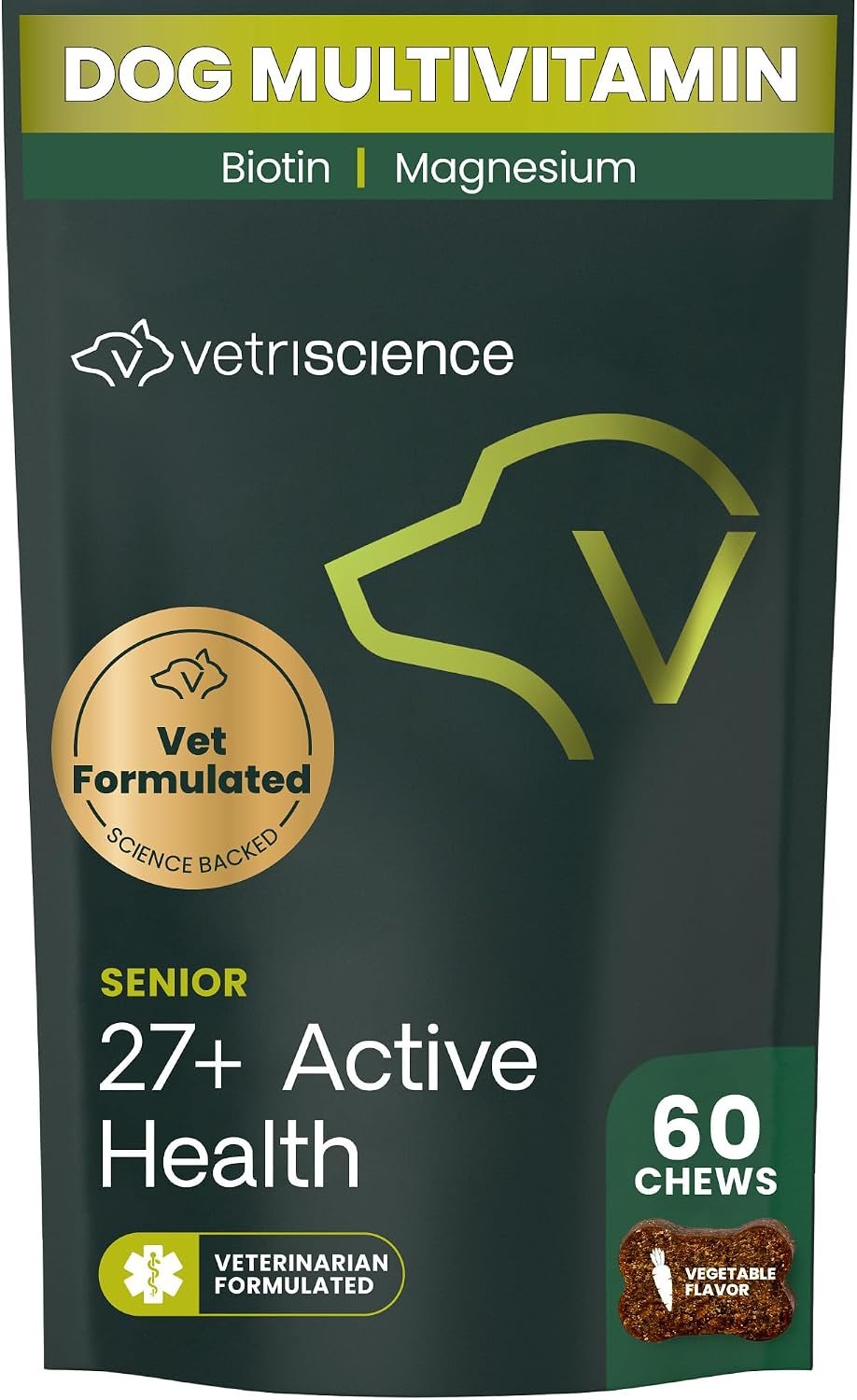 VetriScience Senior 27+ Active Health Chews, Canine Plus Daily Multivitamin for Senior Dogs, Balanced Vitamins, Minerals and Antioxidants, Healthy Aging and Wellness Support, Veggie, 60 Servings
