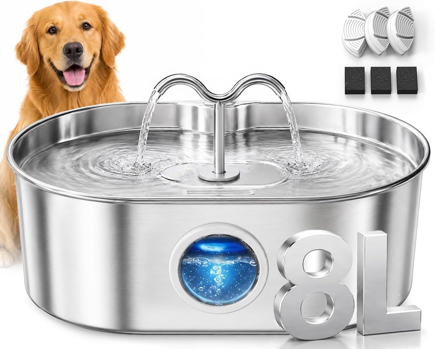 8L/270oz/2Gallon Stainless Steel Dog Water Fountain Pet Fountain | Automatic Pet Water Dispenser – Self-Designed Filtration System – Ultra-Quiet Pump – Easy Cleaning & Maintenance (3 Filters)