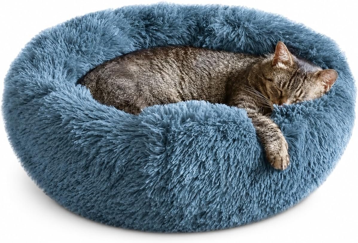 Whiskers & Friends Cat Beds for Indoor Cats, Fluffy Cat Bed Small to Large | Orthopedic Soft Plush Calming Donut Bed, Washable Round Pet Bed, Sized for Kitten to Large Cats & Puppy to Small Dogs