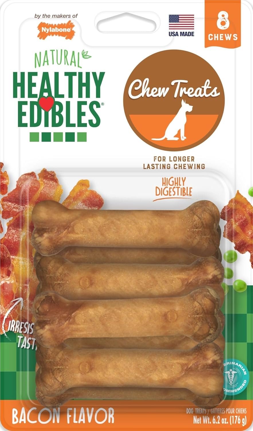 Nylabone Healthy Edibles Dog Treats, Bacon Flavor, X-Small, 8 Count | Natural dog chews, made in USA, highly digestible, vet recommended, long lasting chews for small dogs up to 15 lbs