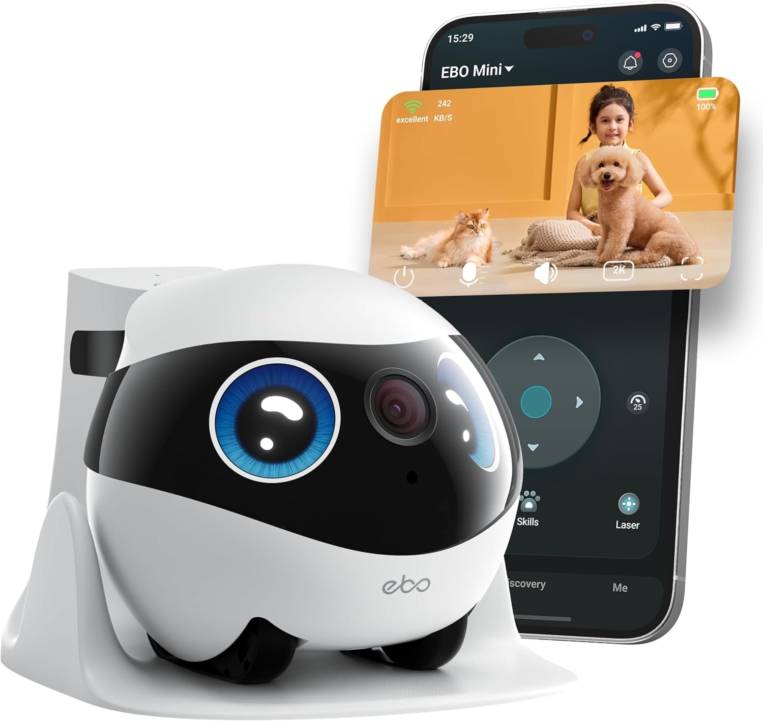 Enabot EBO Mini Pet Camera Robot: 2K FamilyBot Mobile Home Companion | Whole-Home Mobility, Remote App Control, Two-Way Talk, Night Vision, Auto-Recharge, Local Storage, Long Distance Gift