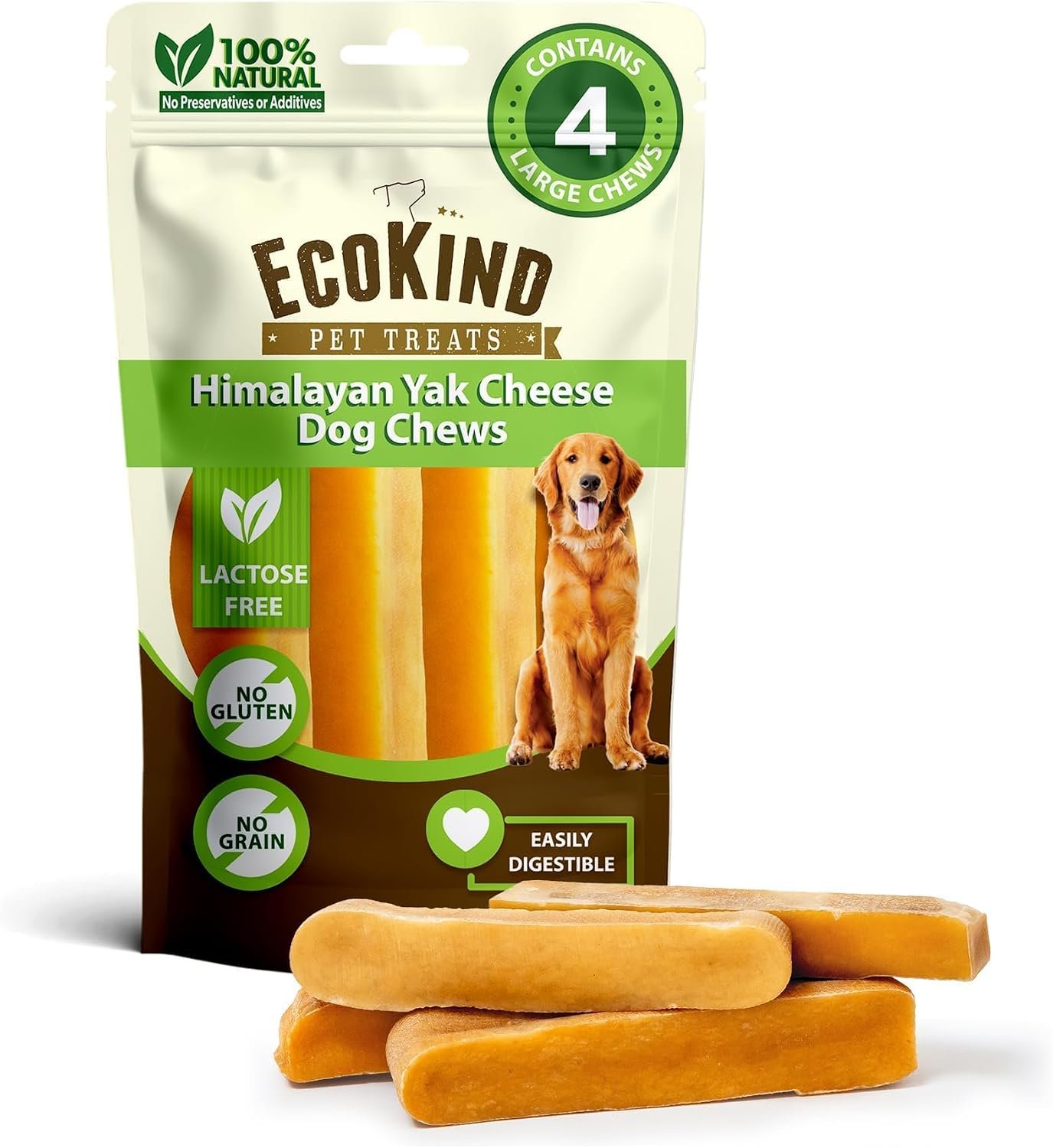 EcoKind Yak Cheese Himalayan Dog Chews, Yak Chews for Large Dogs, 4-5 Bones | 1 Lb, Long Lasting for Aggressive Chewers, Only 3 Ingredient Natural High Protein Dental Dog Treats, No Additives or Lactose
