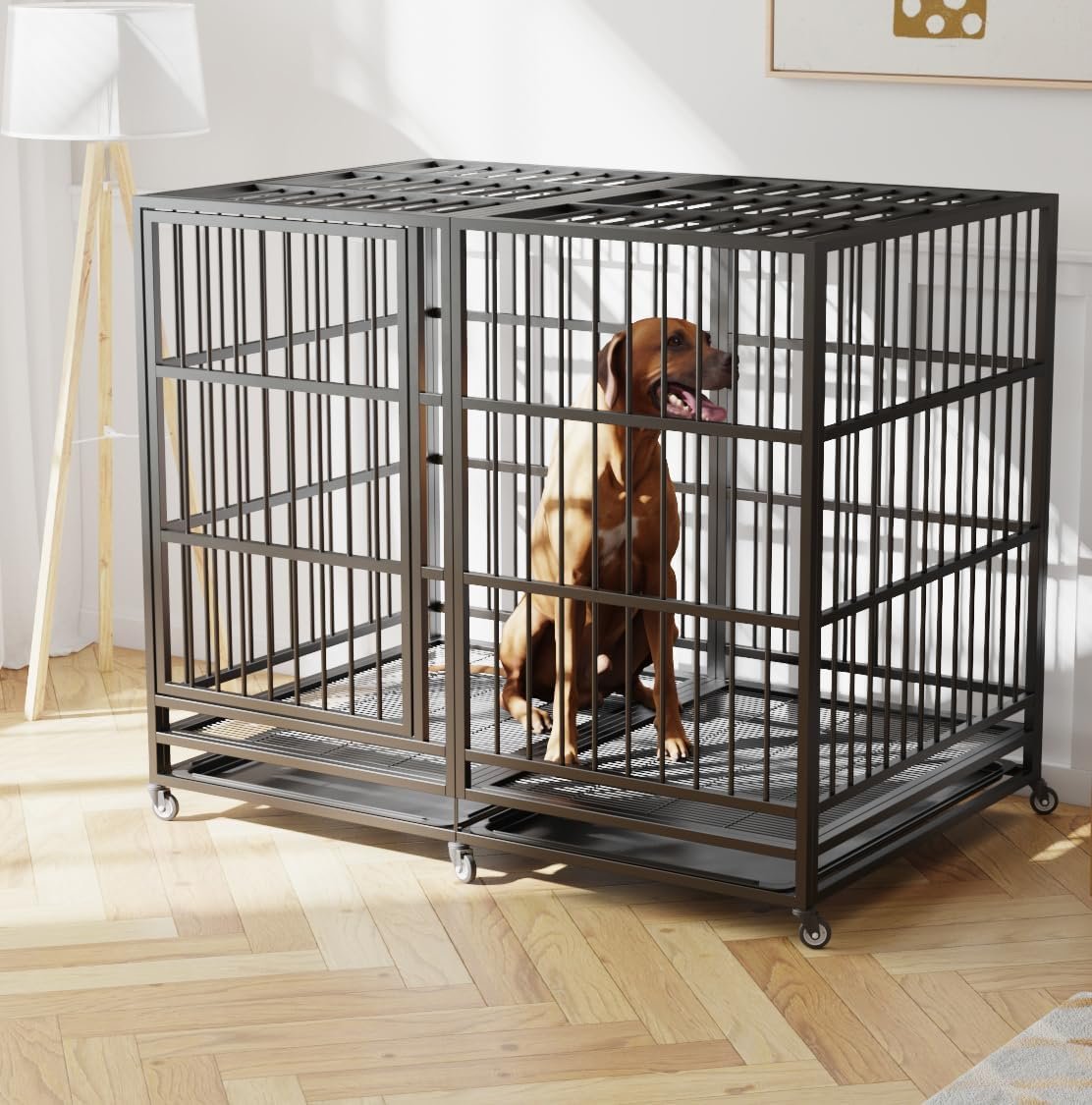BOLDBONE 54 inch Heavy Duty Indestructible and Escape-Proof Dog Crate Cage Kennel for Large Dogs, High Anxiety Dog Crate with Removable Wire Trays and Wheels, Extra Large XL XXL, Black