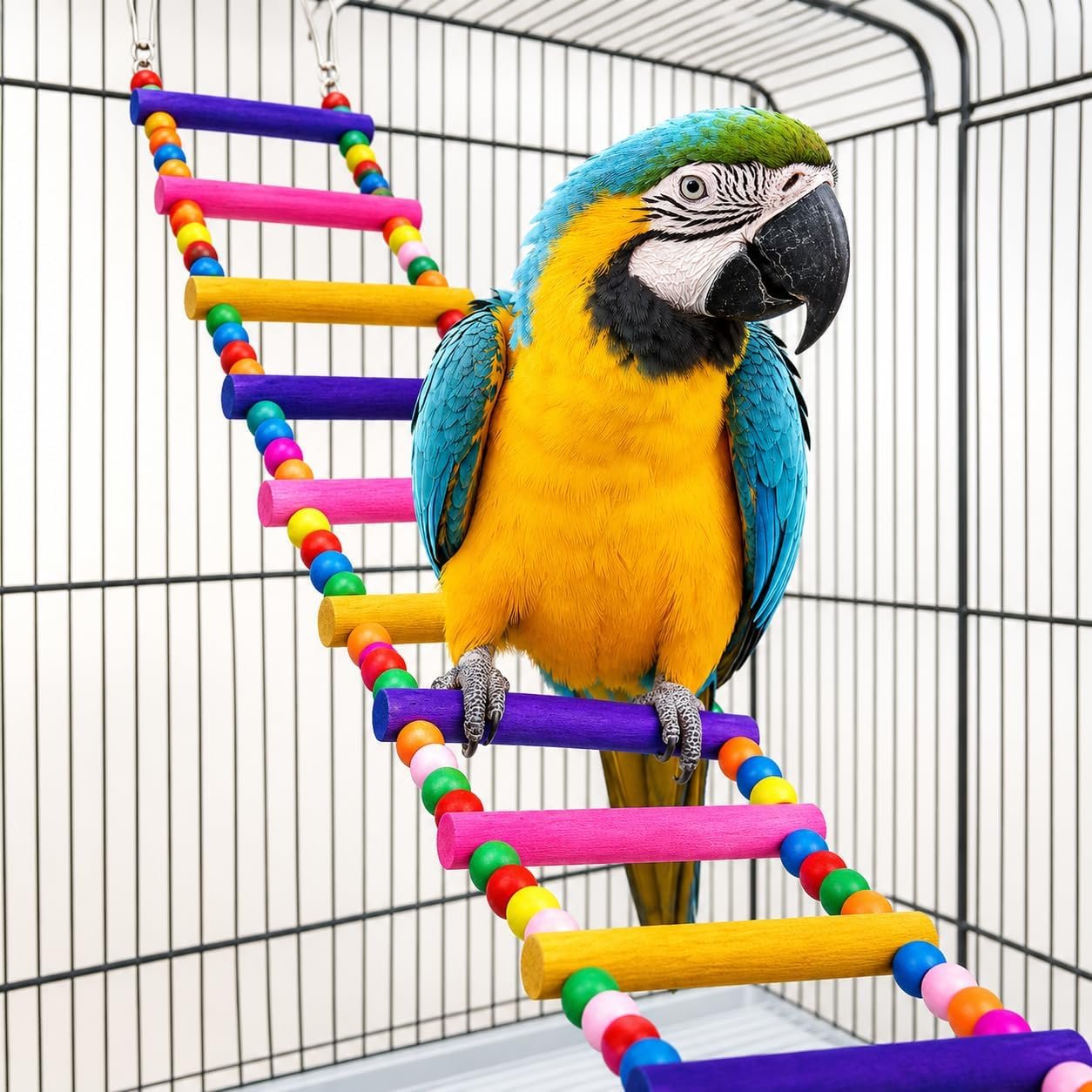 Flexible Wooden Bird Ladder Bridge for Cages, 10 in, 4 Steps | Natural wood, flexible bridge shape, four metal clasps, climbing and perching for small and medium birds
