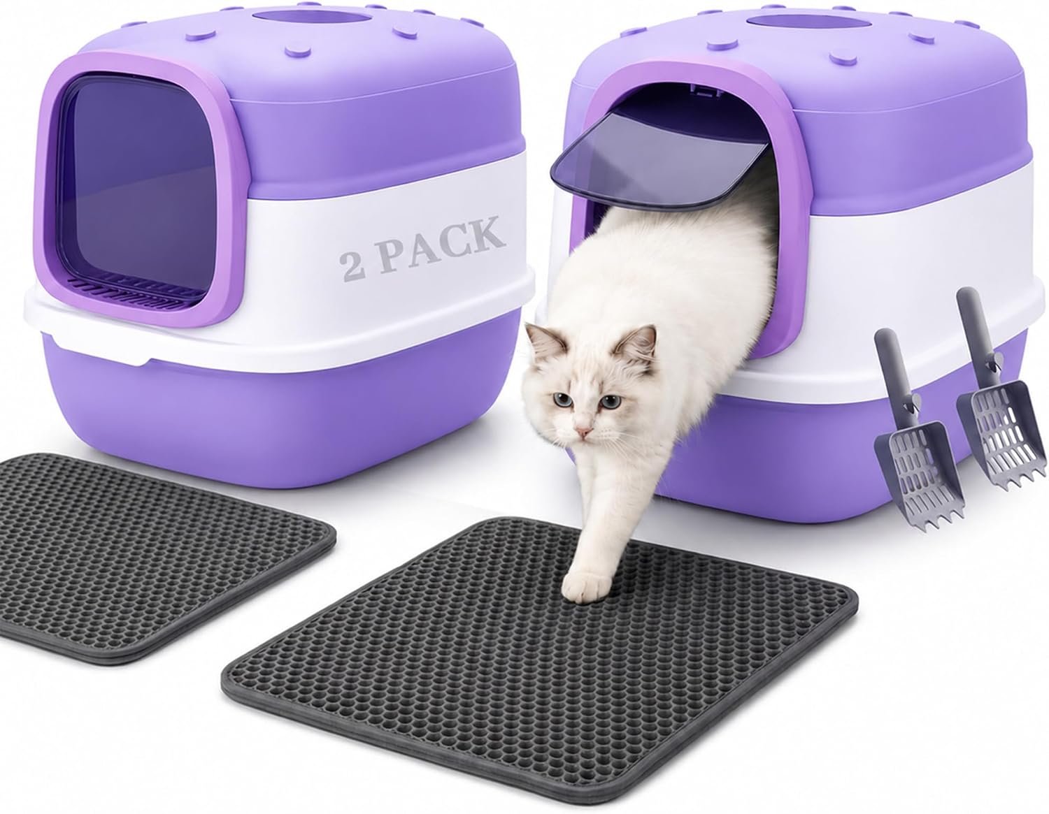 Enclosed Kitty Litter Box, 2 Pack Purple Cat Box with Lid, Mat & Scoop | 2 Purple enclosed litter boxes with lift-off tops, front entry, high sides, odor control, litter mat and scoop included.