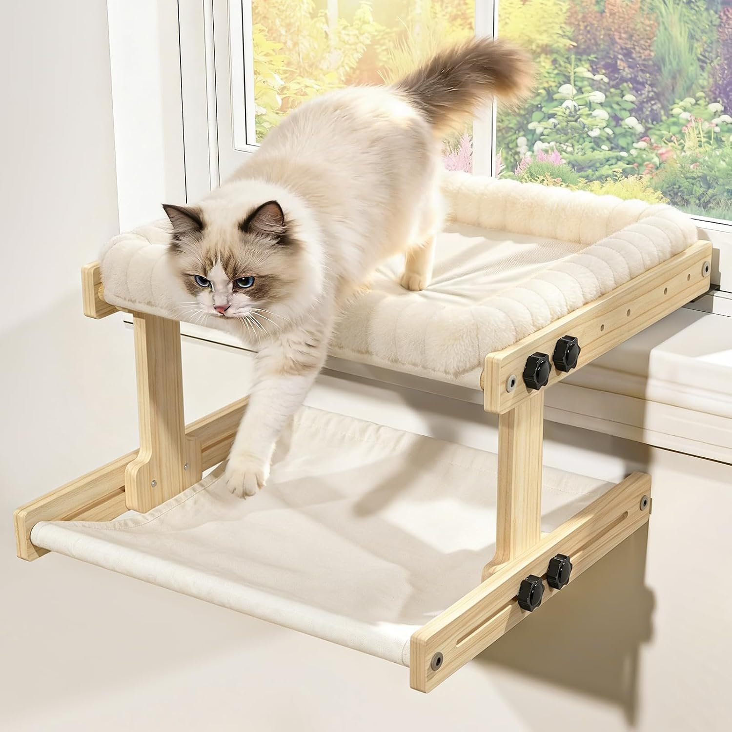 XiaZ Cat Perch for Window Cats Hammock Indoor Bed for Window Adjustable Wooden Frame Bird Watching Sunbathing Space-Saving Double Layer 18 * 16 * 10inch (Small Breeds Recommended)