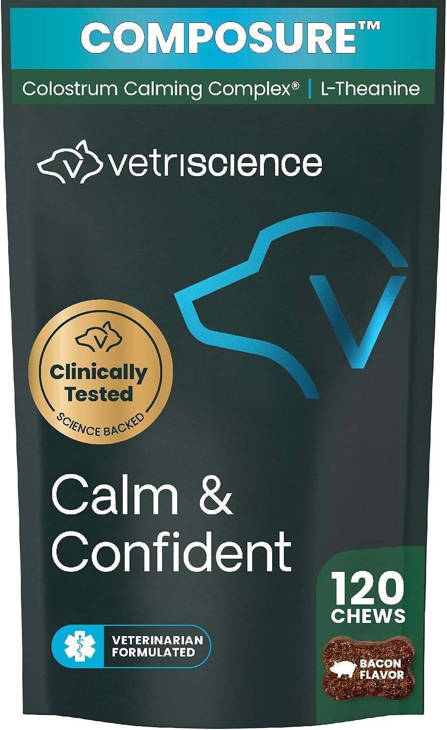 VetriScience Calm & Confident Chews, Composure Clinically Tested Calming and Anxiety Supplement for Dogs, Reduce Stress and Fear, Ideal for Thunderstorms, Fireworks and Travel, Bacon, 120 Count