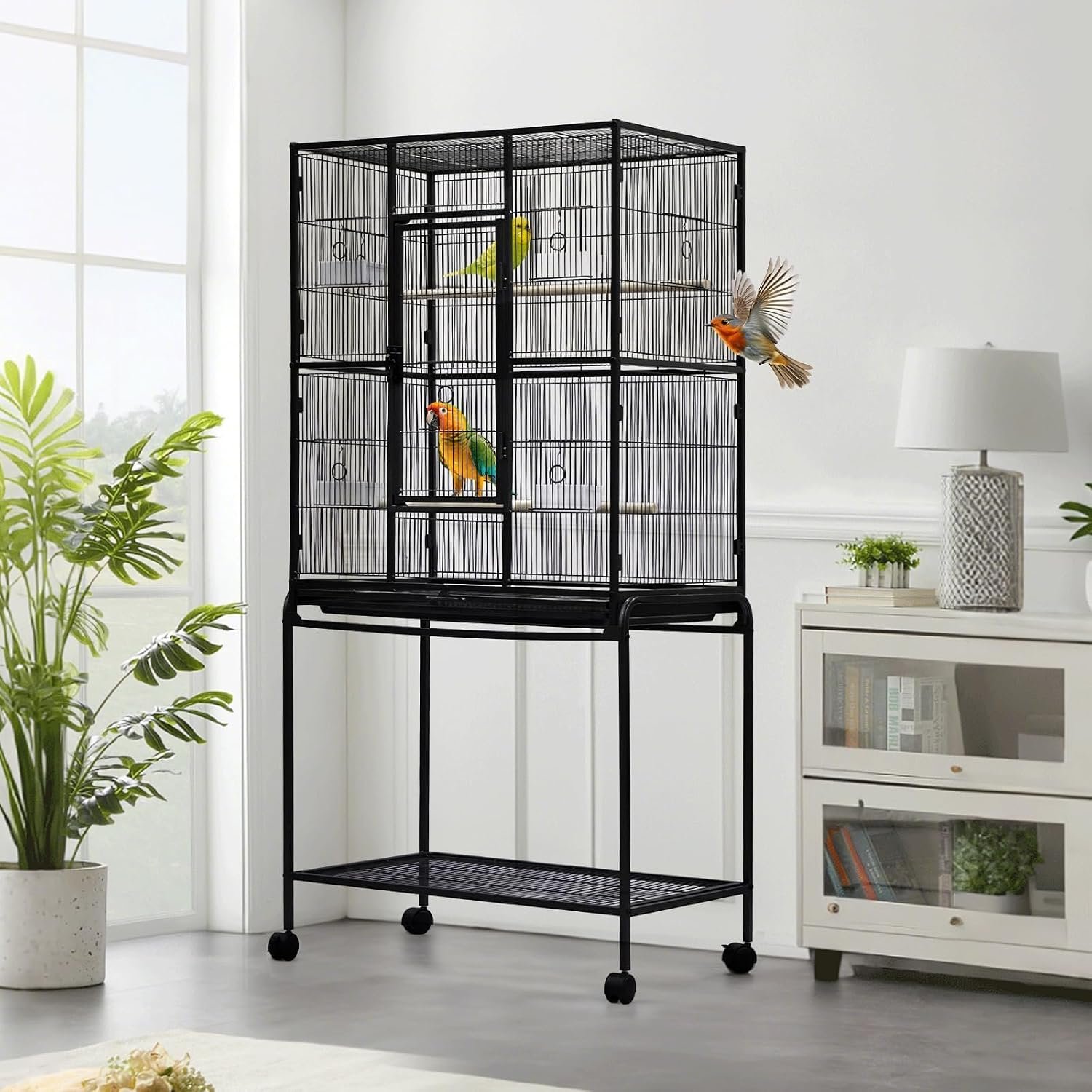Large Bird Cage, 62″ H Birdcage with Detachable Storage Shelf for Parakeets Parrots Conures Lovebird Cockatie, Black