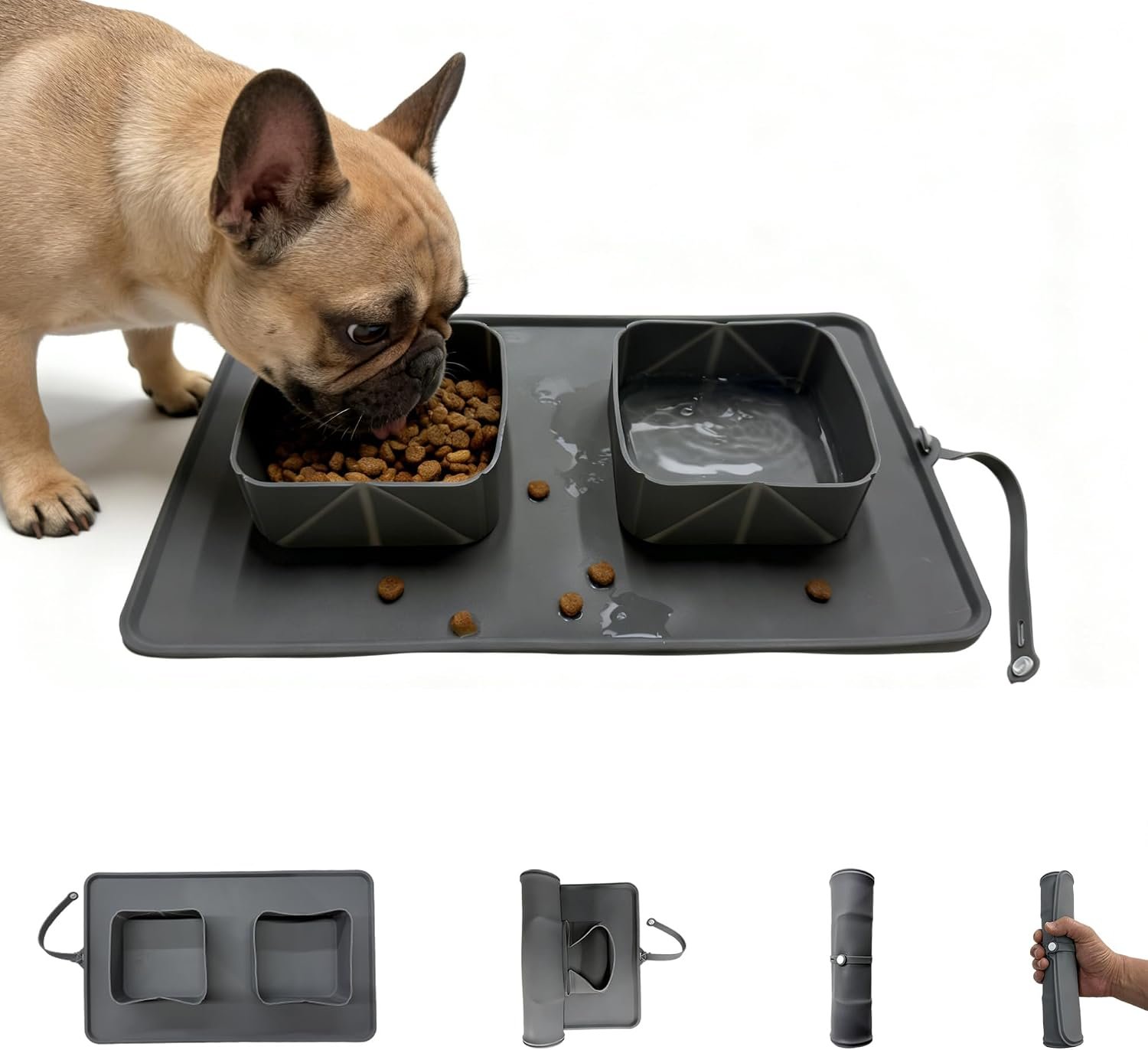 No Spill Collapsible Dog Bowls with Mat, 20oz 2-in-1 Roll-Up Silicone Pet Feeding Station, Portable BPA-Free Travel Dog Bowls for Car, Camping, and Outdoor Use