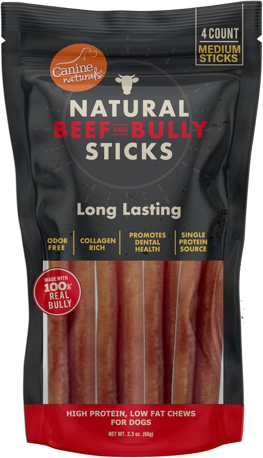 Canine Naturals Beef and Bully Sticks for Dogs, Odor Free, Medium 4 Count | Made with 100% Real Bully, Long Lasting, High Protein, Collagen Rich, Natural Dog Treats, Medium Sticks, 4 Count