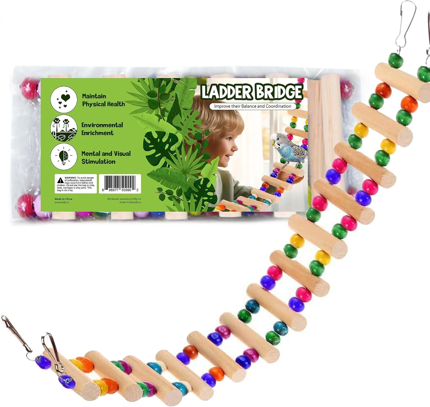 SunGrow Wooden Bird Ladder Bridge, Hanging Exercise Toy, Bird Playground Cage Accessory, Natural Wood, Edible Dye, Interactive Small Bird Toy, Parakeet, Cockatiel, Conure, Budgie Climbing Ladder