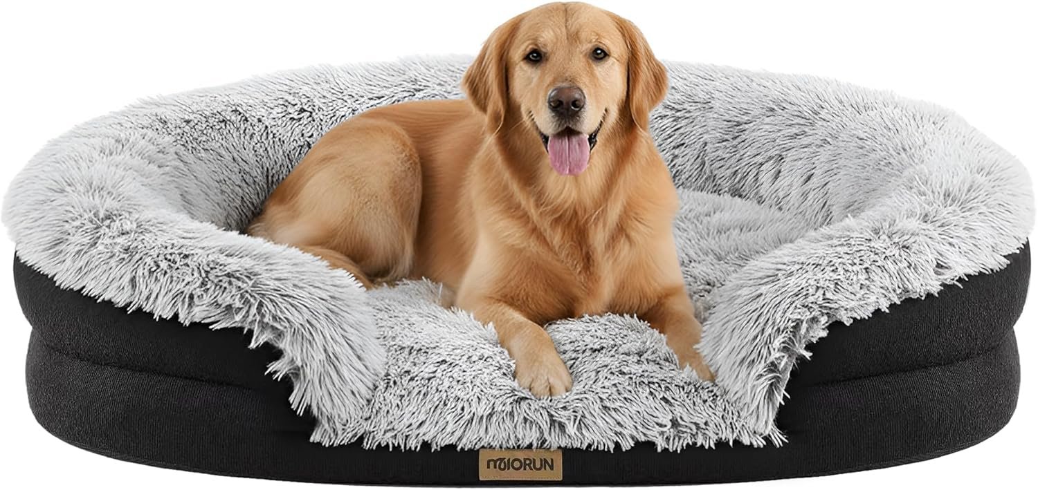Fluffy Orthopedic Dog Beds Large Sized Dog, 43″ Bolster Sofa Bed | Soft plush faux fur,lowered entry,washable cover,waterproof liner,claming dog couch for x-large dogs,supportive bolster