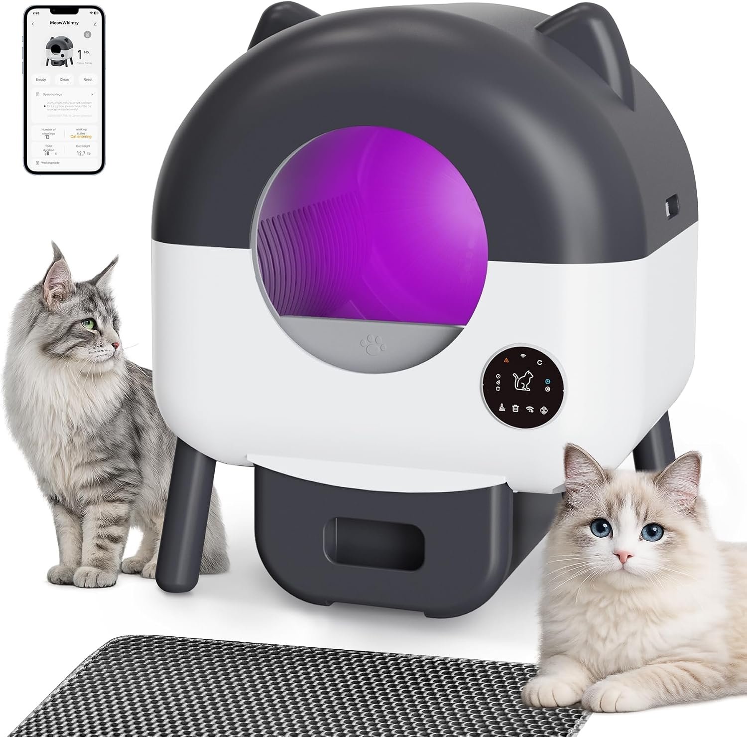 Automatic Self Cleaning Litter Box, MeowWhimsy Extra Large Automatic Cat Litter Box Self Cleaning Robot S7 for Cats, Smart Safety Sensors-App Control-Low Noise, Washable Tray,40 pcs Trash Bag