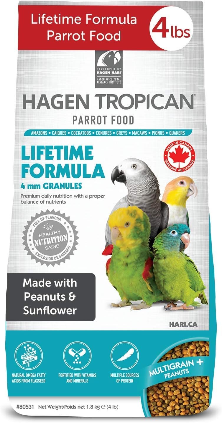 Hagen Tropican Lifetime Formula Parrot Food, 4 lb. | Hari Parrot Food with Peanuts & Sunflower Seeds and Balance Nutrition Levels
