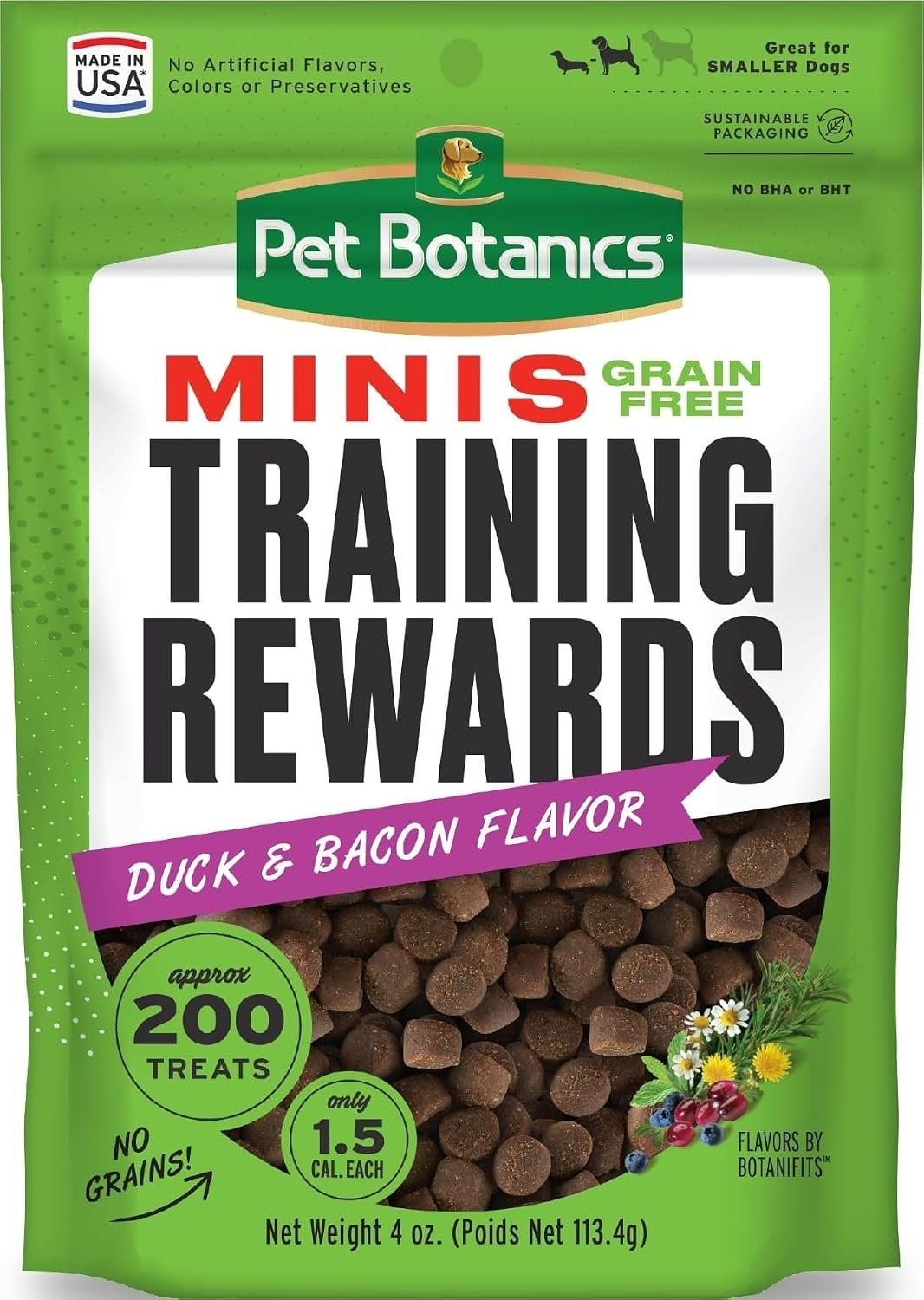 Pet Botanics 4 oz. Pouch Training Reward Mini Soft & Chewy, Duck and Bacon Flavor, with 200 Treats Per Bag, The Choice of Top Trainers | 4 oz. Pouch, 200 Treats Per Bag, BotaniFits Botanical Blend, Grain Free, 1.5 Calories Per Treat, Made in the USA