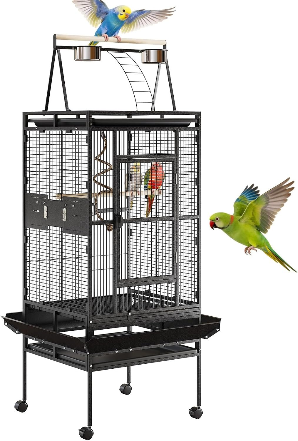 67-Inch Playtop Wrought Iron Large Parrot Bird Cages with Rolling Stand for Cockatiels Parrot Quaker Conure Parakeet Lovebird Canary Small Medium Parrot Cage Birdcage, Black | Wrought Iron Cage with Wheels, Rolling Parakeet Cage with Removable Tray for Cockatiels Lovebird Finches Canaries