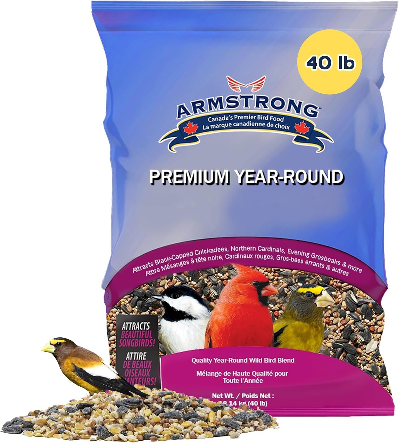Armstrong Wild Bird Food Premium Year-Round Blend, 40 Pounds – with Cut Corn, Red Milo, White Millet & Black Oil Sunflower Seeds – Backyard Bird Feeding