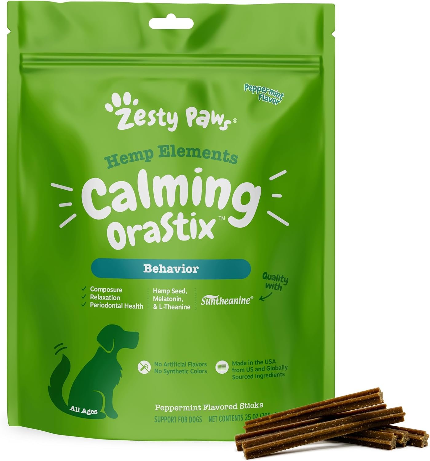 Zesty Paws OraStix for Dogs – Calming Dental Sticks for Stress with Hemp Melatonin Chamomile Dog Healthy Teeth and Gums Calm Composure for Fireworks and Thunderstorms – 25oz