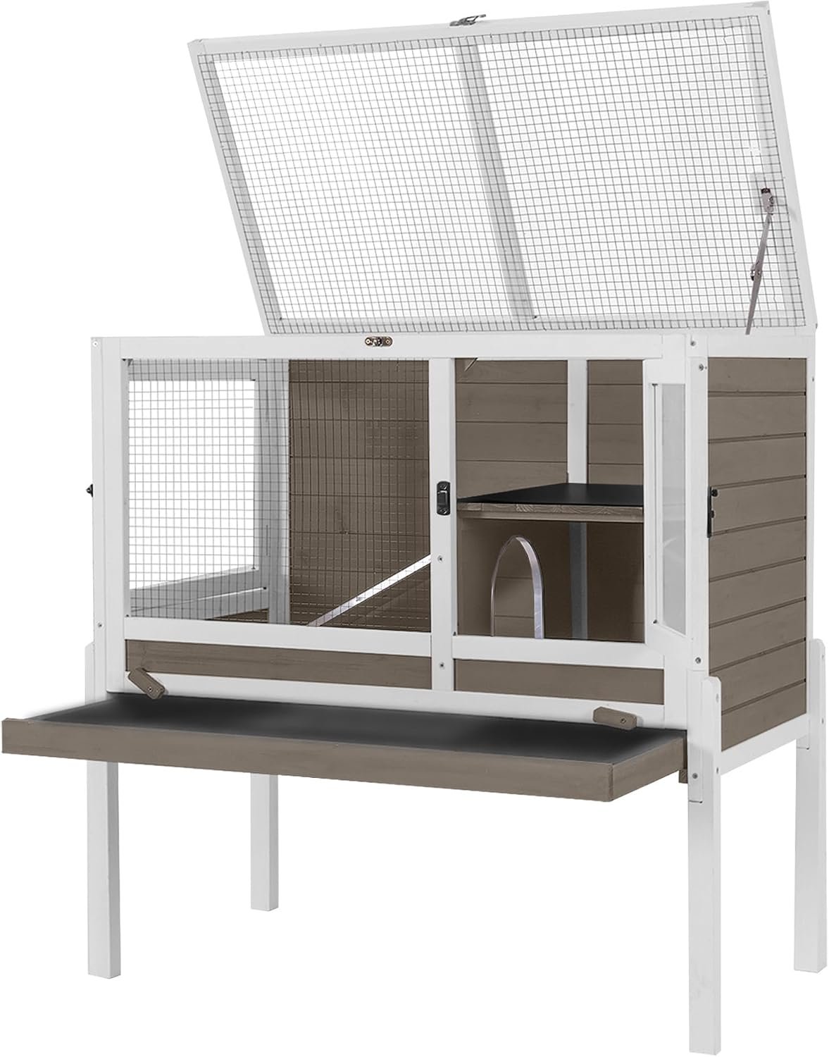 Aivituvin Guinea Pig Cages, Rabbit Hutch with Anti-Chew Frame, Bunny Cage with Cleaning Sliding Tray, 3 Openable Areas, Assemblable Legs, Ramp & Hideout Included – Brown