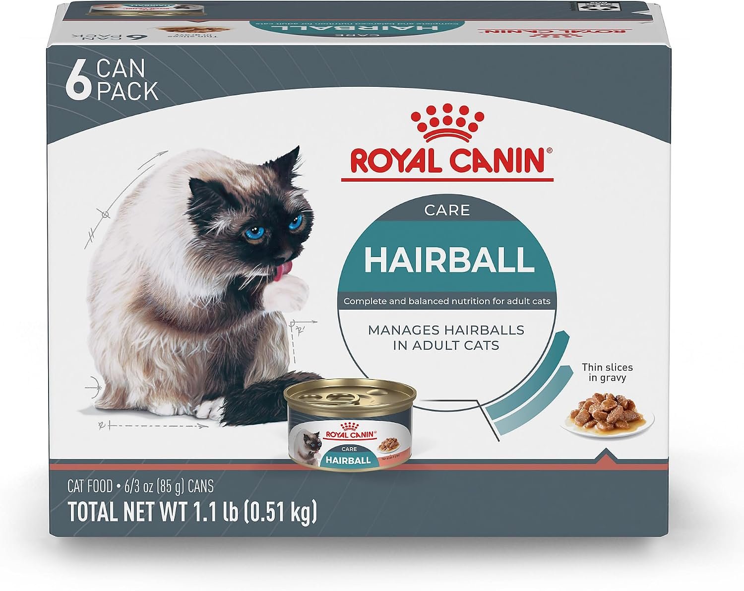 Royal Canin Feline Care Nutrition Hairball Care Adult Thin Slices in Gravy Cat Food, 3 oz (Pack of 6)