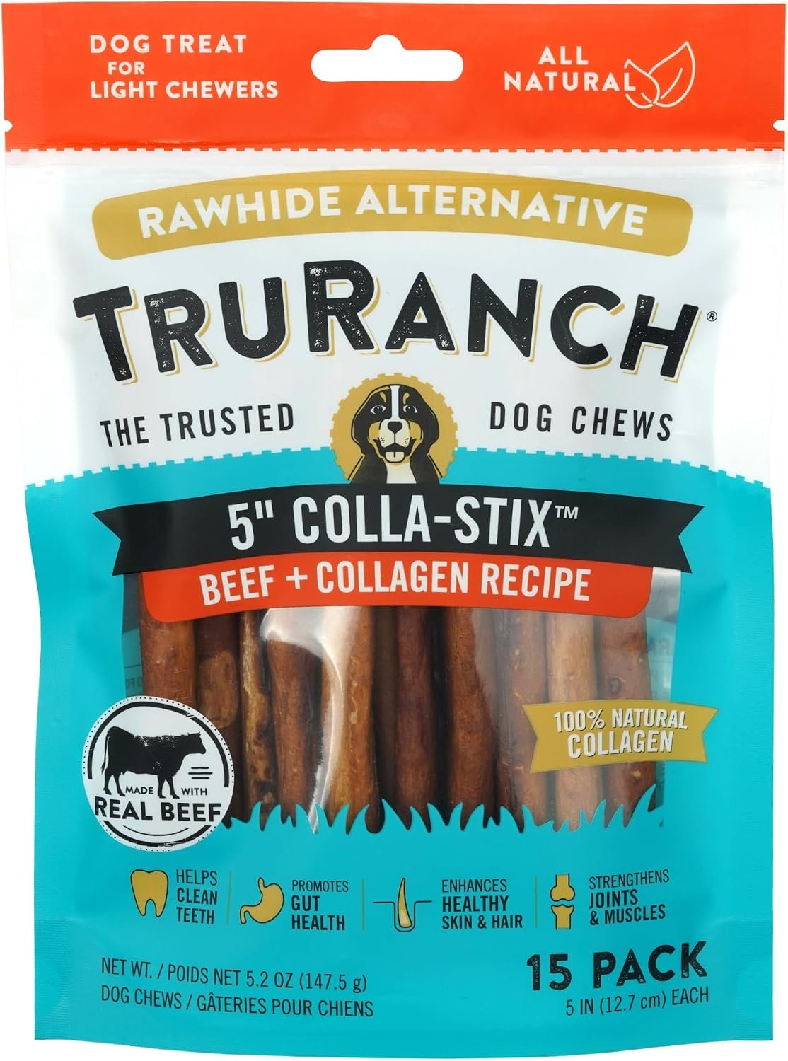 TRURANCH Collagen Sticks – 5″ Collagen Sticks for Dogs – Long Lasting Healthy Joint Support Dog Treat – Rawhide Alternative – Skin & Coat Health – Made with Real Beef, 1 Bag, 15 Count