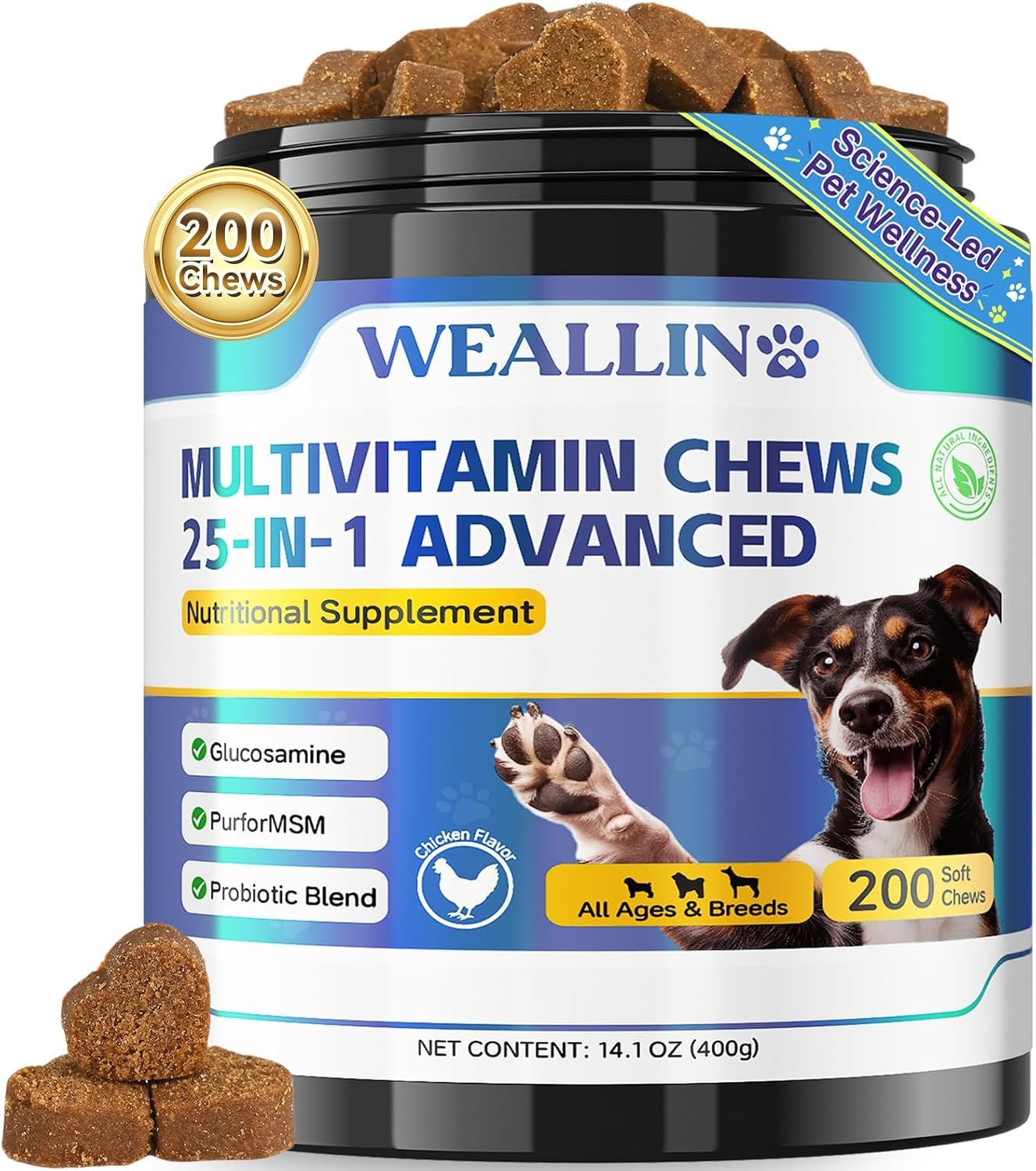Dog Vitamins, Dog Multivitamin is Human with Glucosamine Probiotics 200ct | 25-In-1 Dog Vitamins and Supplements with Omega-3, Puppy Multivitamin Chewable for Hips & Joints, Digestion, Immune System