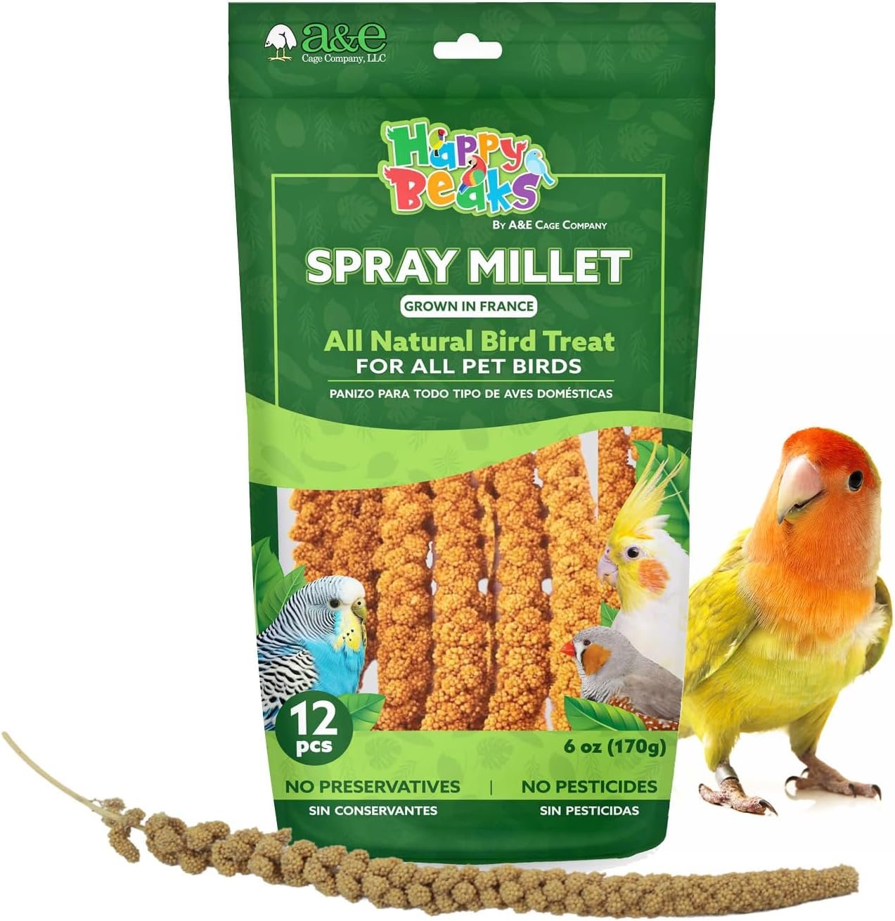 A&E Cage Co AE9054 French Spray Millet Bird Treat, 12 Sprays, 6 oz Bag | Grown in France, Natural Whole Sprays, Encourages Foraging, For Budgies, Cockatiels, Finches & Small Birds