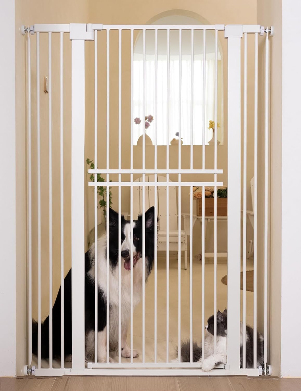 No Pawblems 55″ Extra Tall Pet Gate, 29″-40″ Wide Pressure Mounted Dog Gate | Auto Close Tall Cat Dog Gate for Doorway Hallway, No Drilling, 1.37″ Narrow Gap, One-Hand Operation, Double-Lock, White