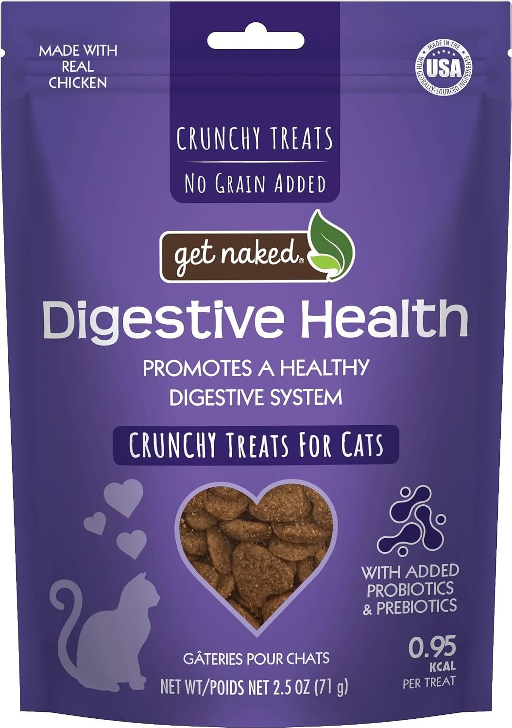 Get Naked Digestive Health Crunchy Cat Treats 2.5oz – Chicken Flavor, Grain-Free Cat Probiotics for Indoor Cats, Supports Healthy Digestion, Dental Health & Immunity, Made in the USA