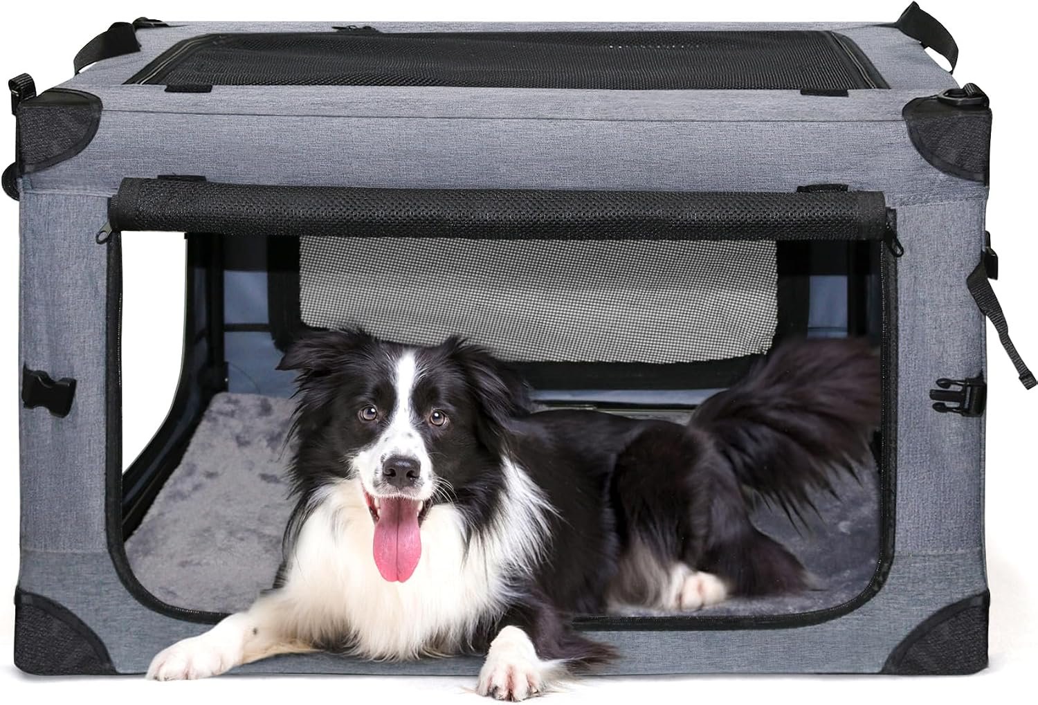 NEZUC Collapsible Dog Crates for Large Dogs Portable Soft Sided Travel Dog Carrier for Indoor & Outdoor, 4-Door Foldable Pet Kennel with Durable Mesh Windows (Gray, 24.0″ L x 17.0″ W x 17.0″)