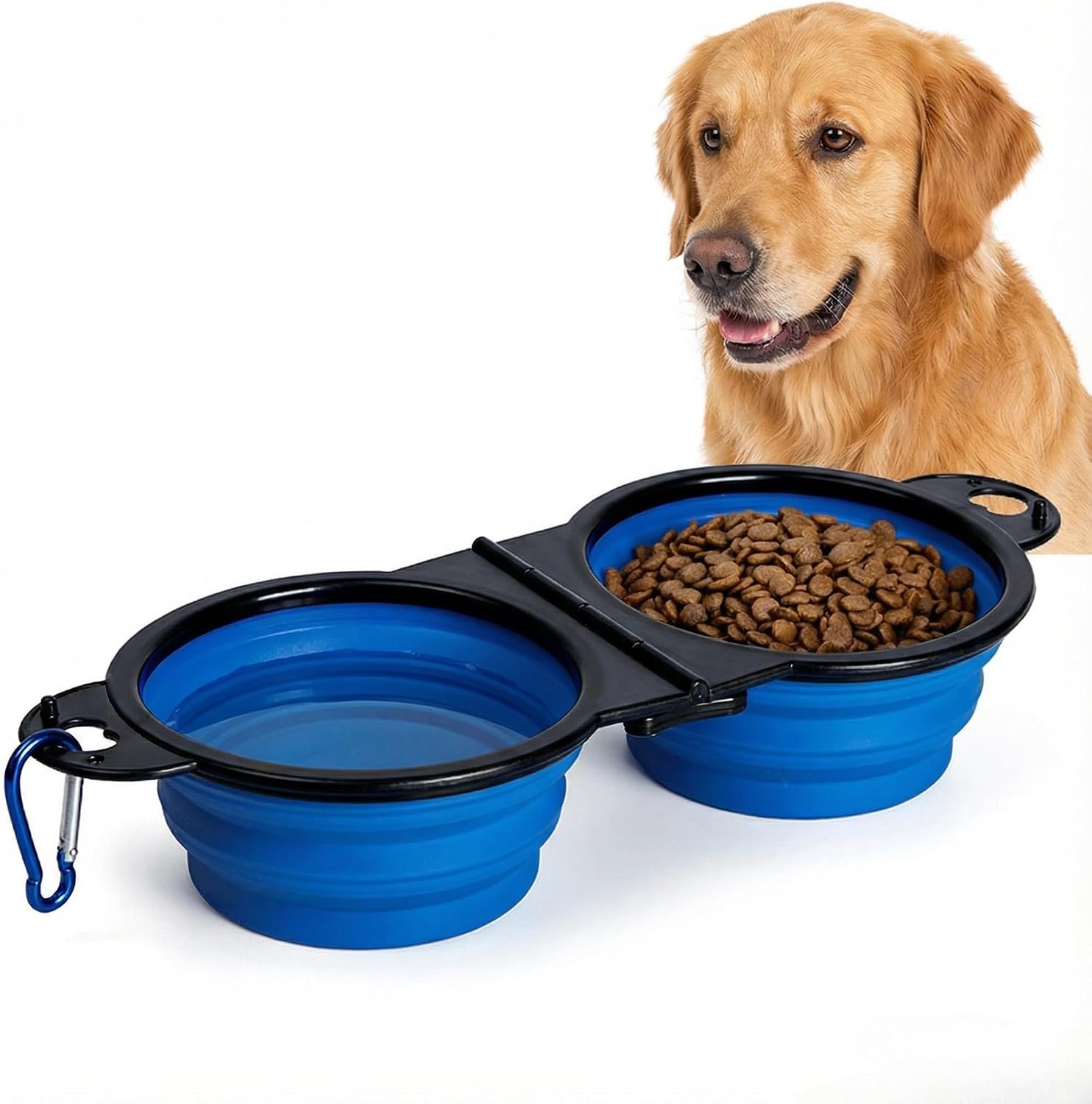 Double Collapsible Dog Bowls for Travel, Food and Water Set with Clip, Blue | 13.5 oz each, folds flat, carabiner clip, walking, hiking, camping, for small and medium pets