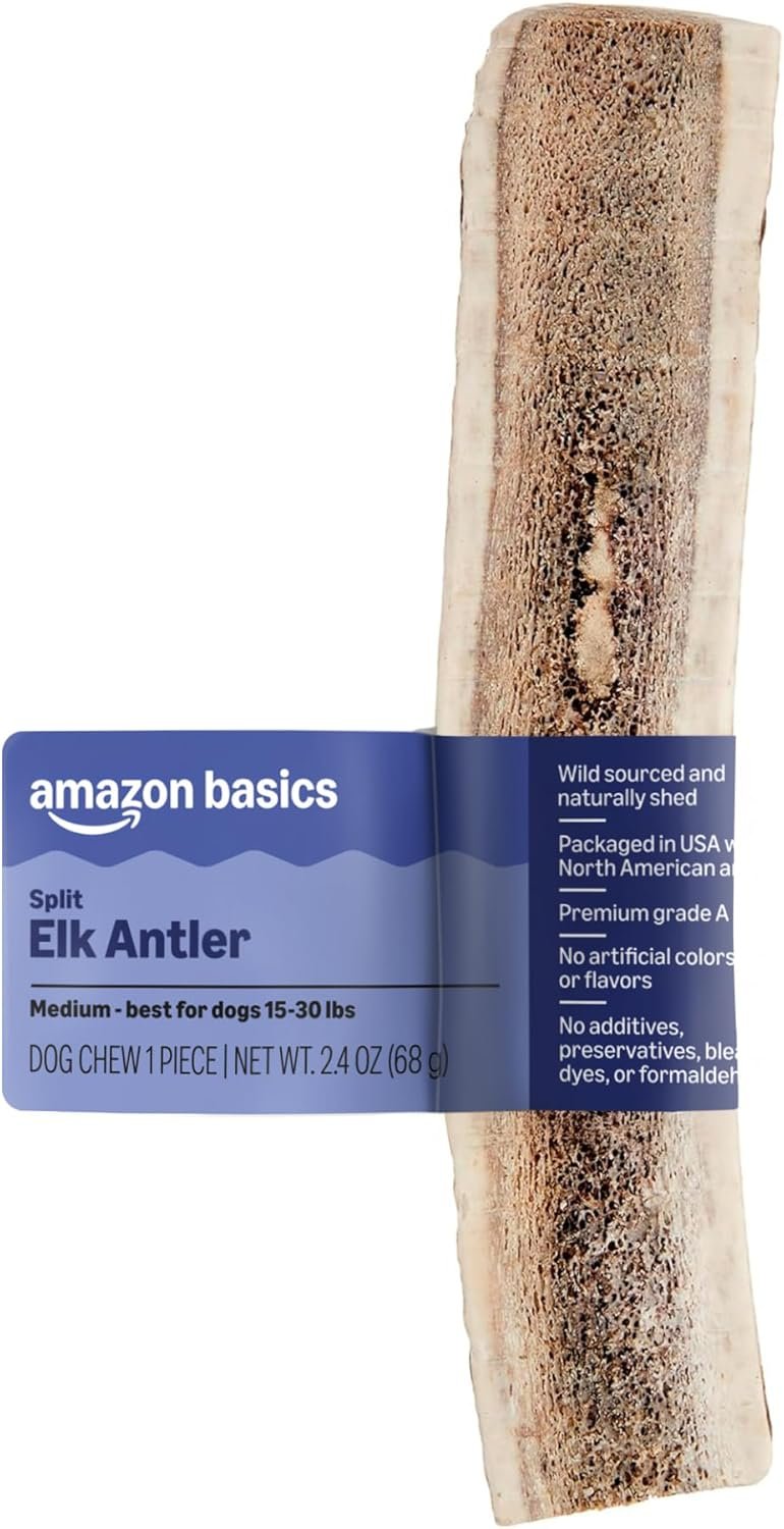 Amazon Basics Split Elk Antler, Naturally Shed, Long Lasting for Aggressive Chewers, Medium (Best for Dogs 15-30 lbs) (Previously Wag)