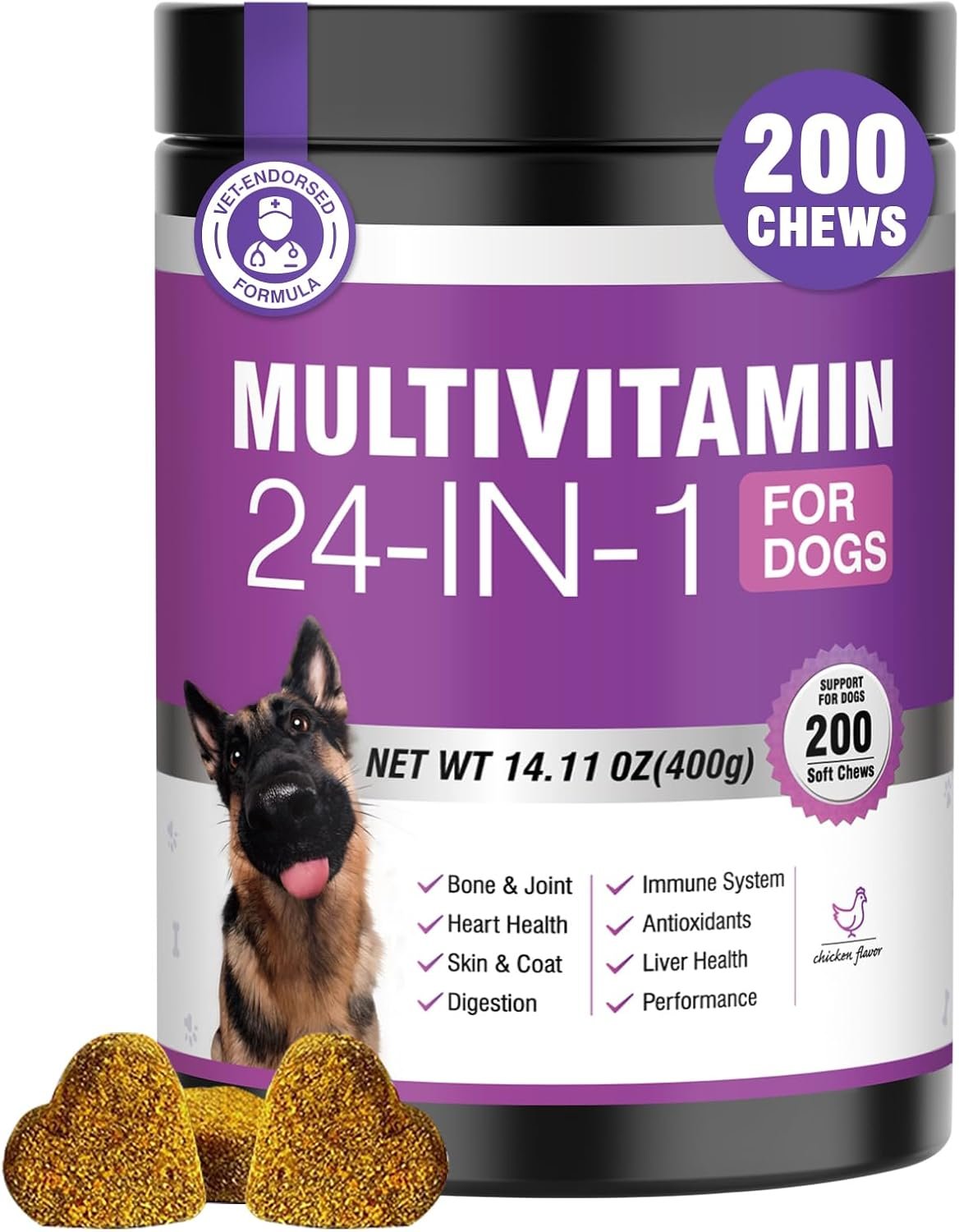 24-in-1 Dog Vitamins and Supplements 200 Ct Dogs Multivitamin Chewable Contain Chondroitin Probiotics Omega-3 Glucosamine for Dogs Skin Coat Heart Joint Gut Liver Brain Eyes Immune Support – Chicken