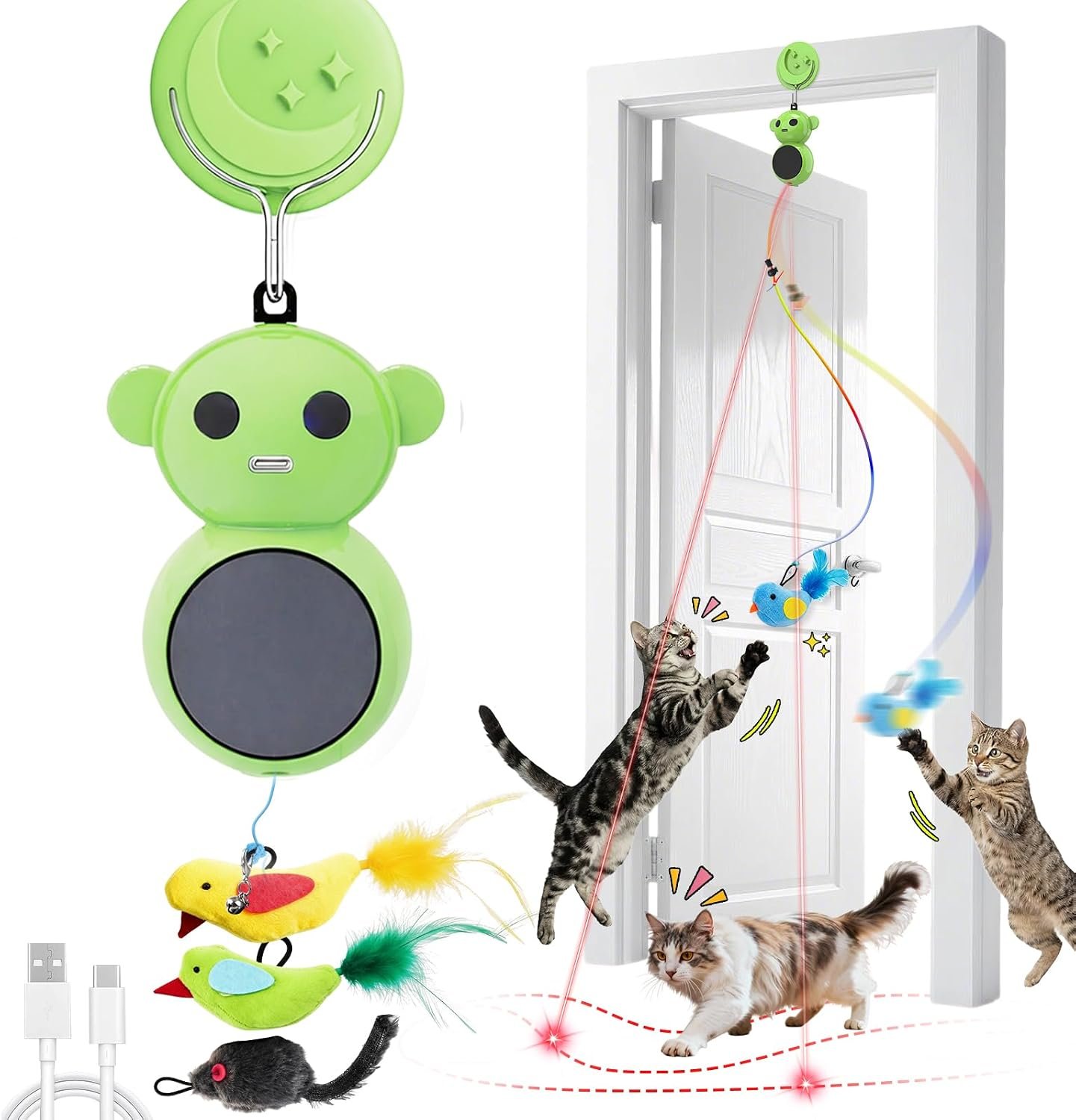 Interactive Cat Toys for Indoor Cats: 2-in-1 Laser Pointer Cat Toy with Automatic Flying Bird & Mouse Wand, Adjustable Speed USB Rechargeable Doorway Hanging Toy for Bored Kittens and Adult Cats