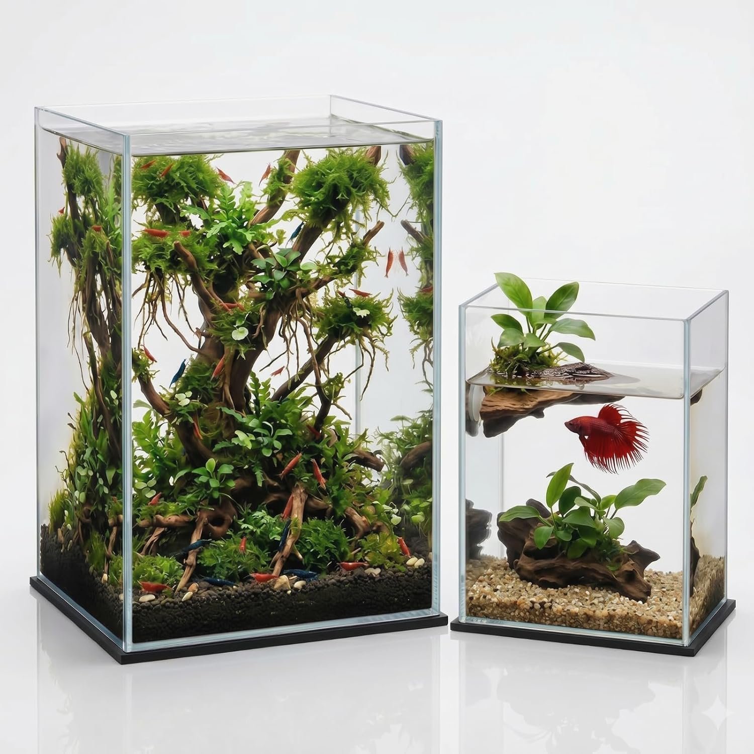 2 Pack Rimless Glass Aquarium Set, 3 & 5 Gallon Fish Tanks | Fish Tank Rimless Design, Tall Column Aquarium Fish Tank, Rimless Aquarium for Betta and Shrimp, Protective Leveling Mats